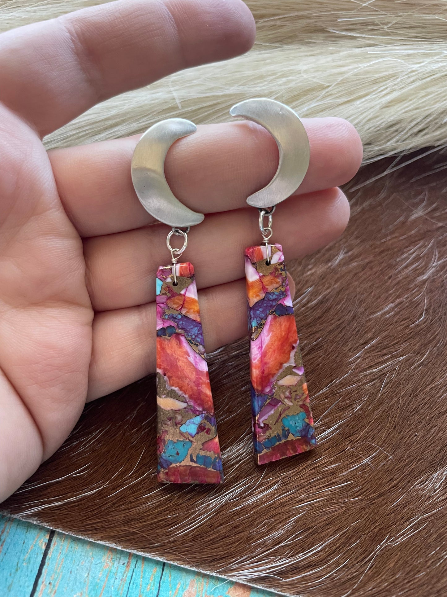 Navajo Pink Dream Mohave & Sterling Silver Moon Slab Dangles