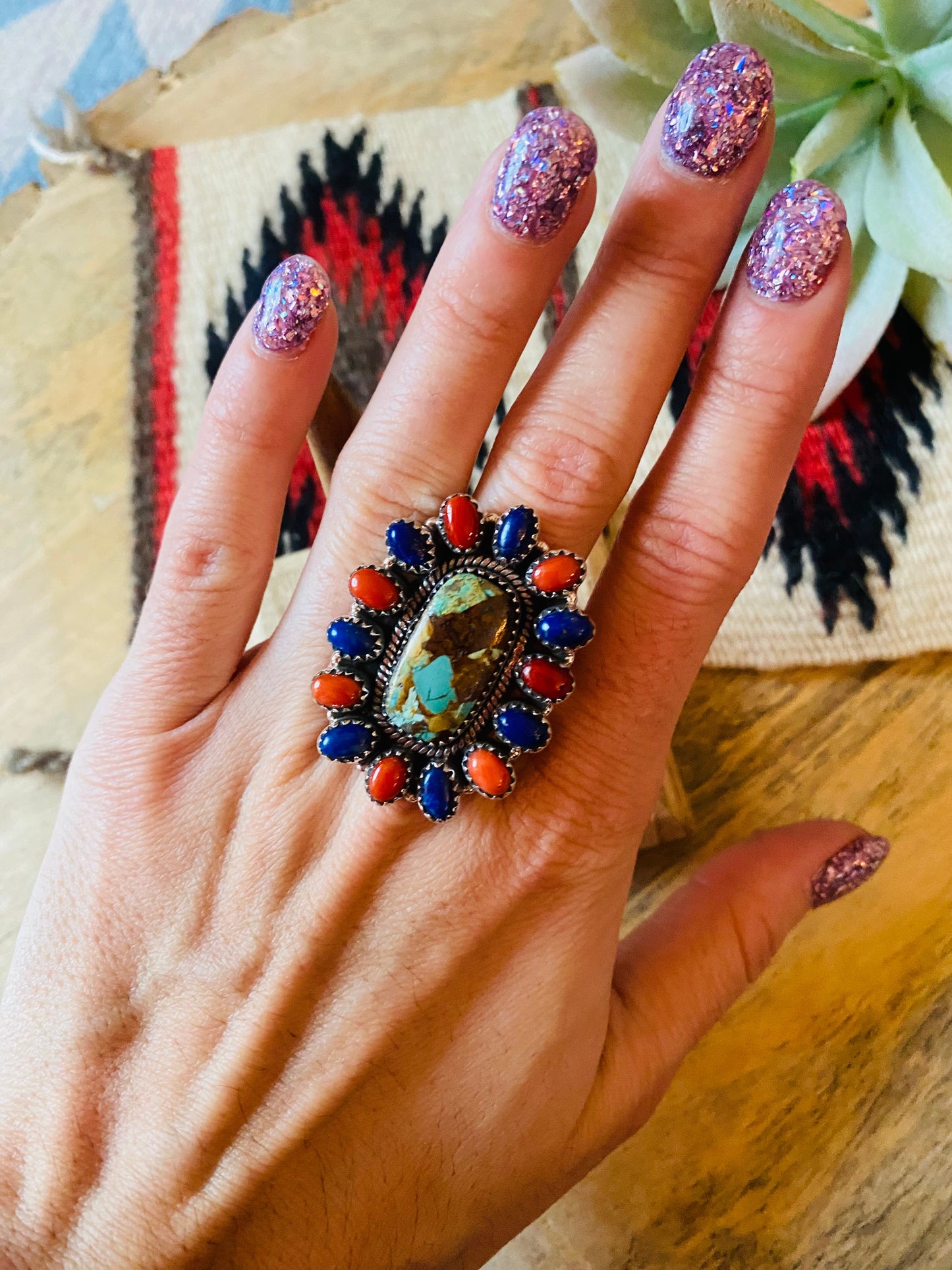 Handmade Sterling Silver, Turquoise, Coral & Lapis Cluster Adjustable Ring