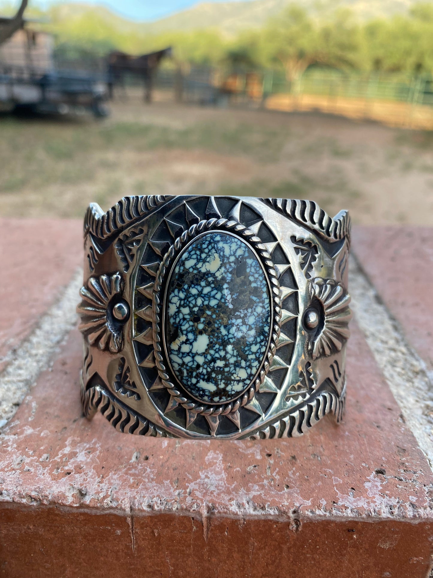 Navajo Hand Stamped New Lander Turquoise & Sterling Silver Cross Cuff Bracelet By Elvira Bill