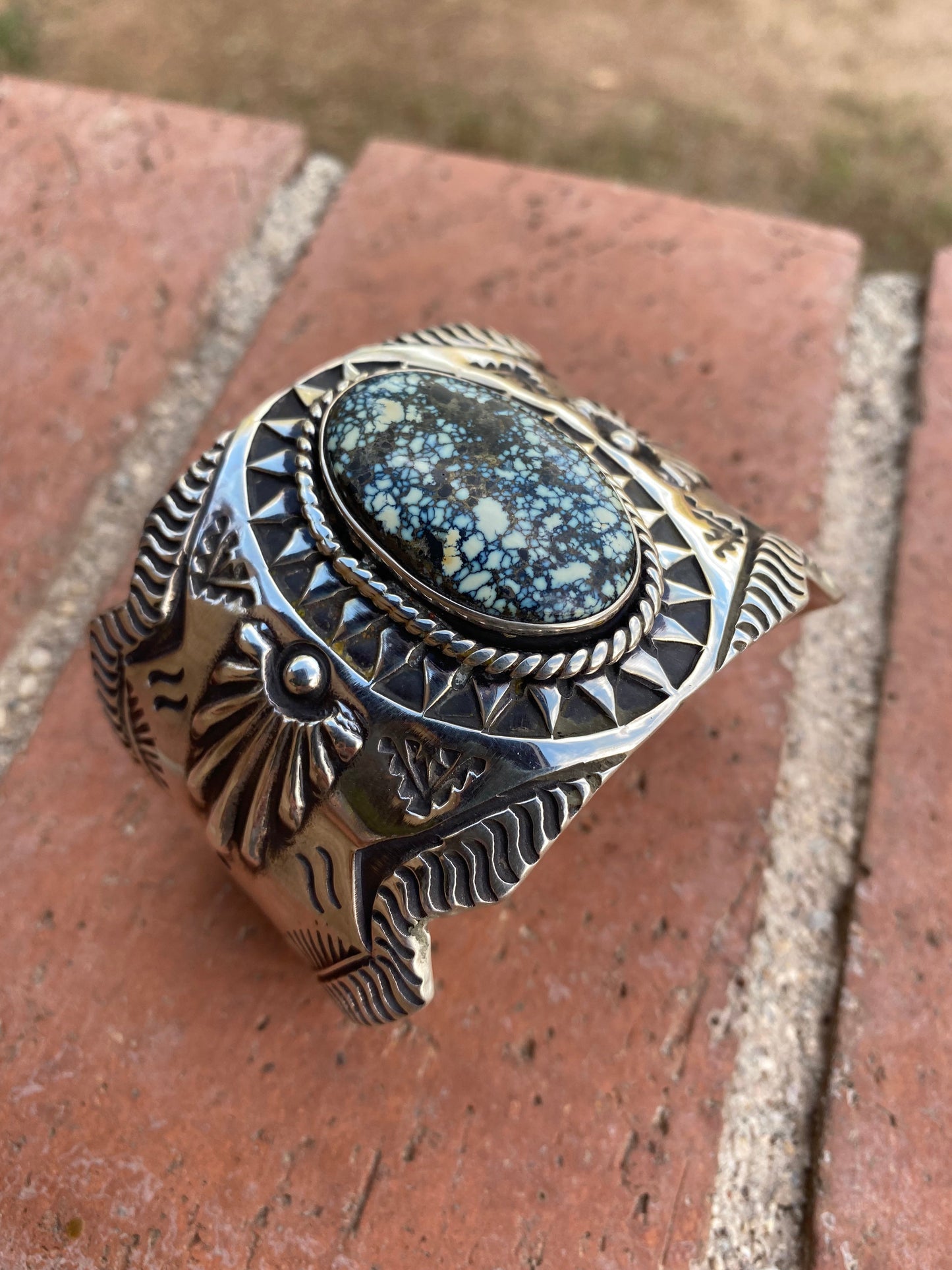 Navajo Hand Stamped New Lander Turquoise & Sterling Silver Cross Cuff Bracelet By Elvira Bill