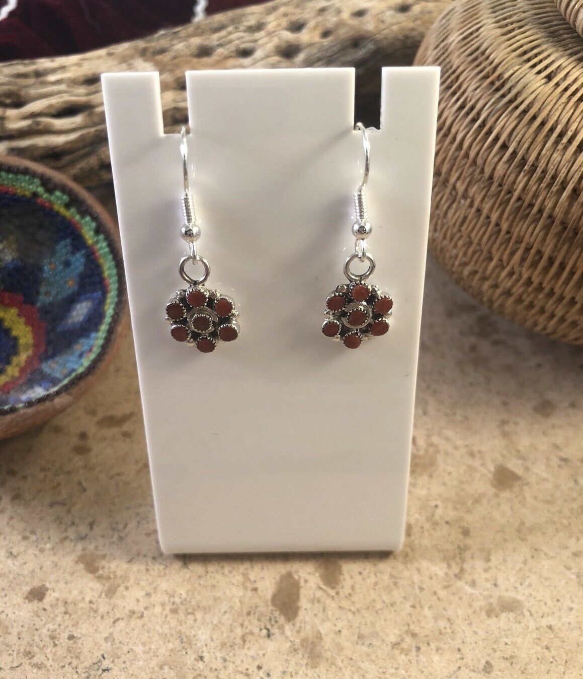 Zuni Petit Point Red Coral Sterling Silver Dangle Earrings