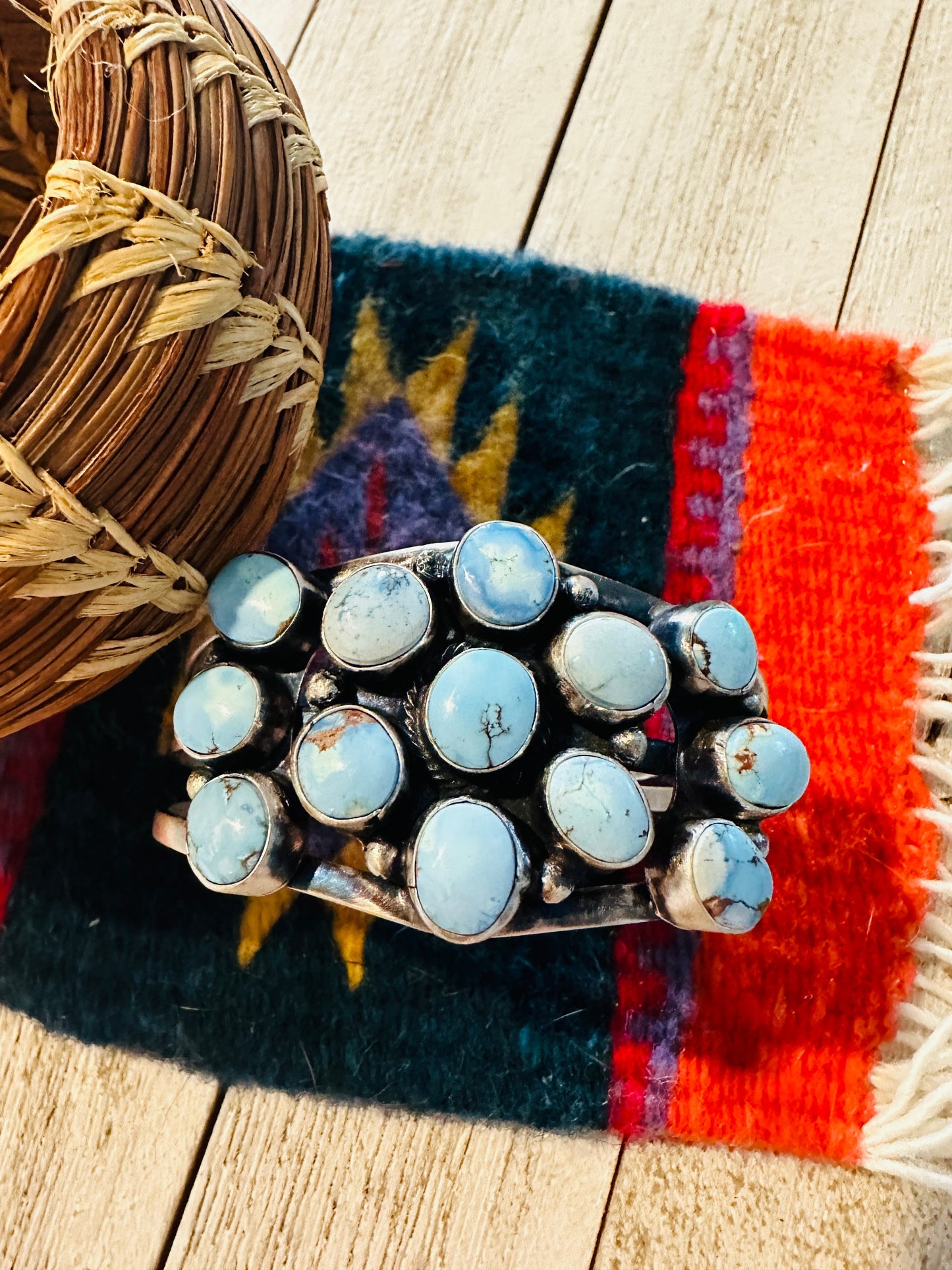 Navajo Golden Hills Turquoise & Sterling Silver Cluster Cuff Bracelet