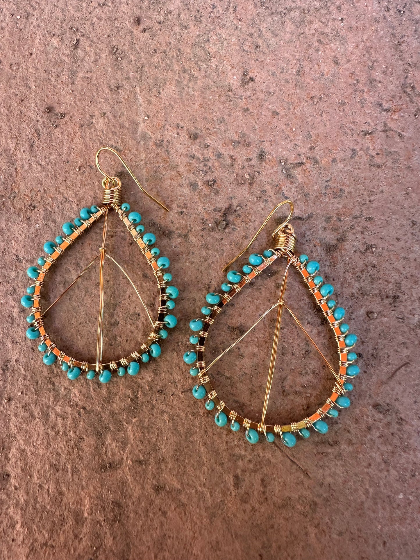 “The Golden Collection” Peace Hoop Handmade Turquoise Beaded & 14k Gold Plated Earrings