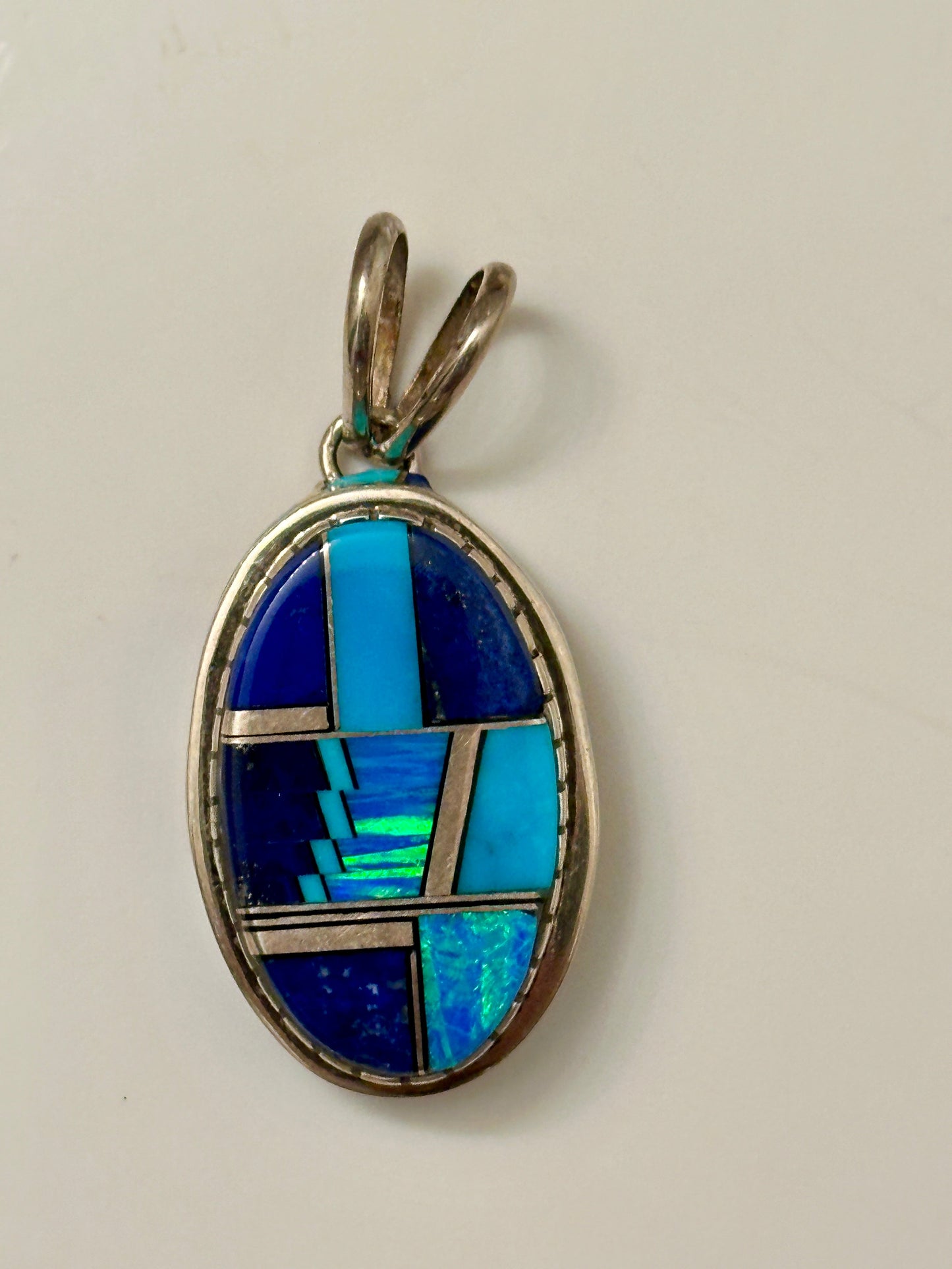 Navajo Lapis, Turquoise, Blue Opal Oval Pendant