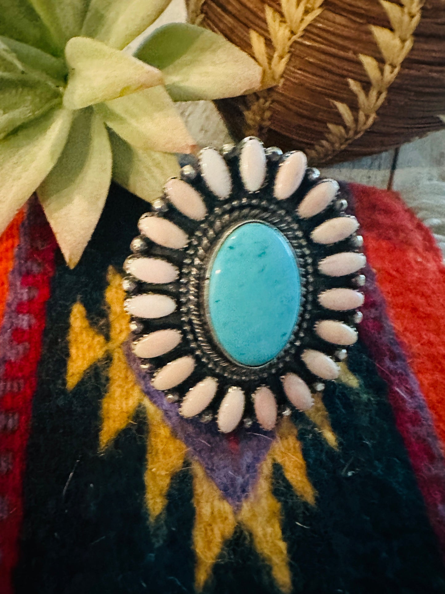 Navajo Sterling Silver, Queen Pink Conch & Turquoise Adjustable Cluster Ring
