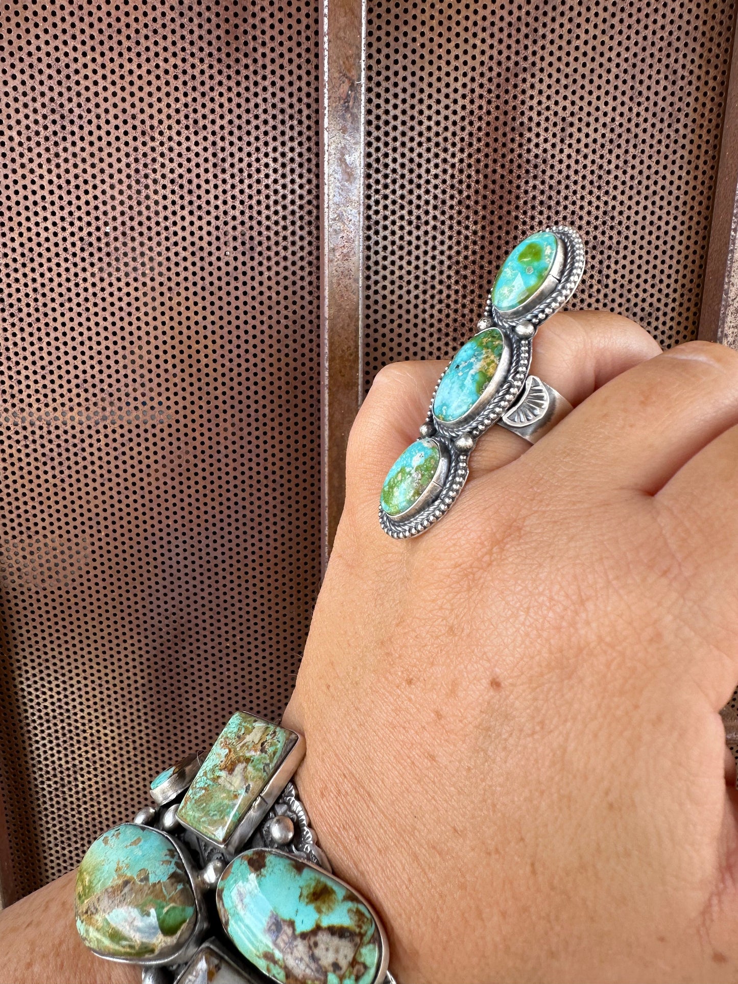 Navajo Sonoran Gold Turquoise & Sterling Silver 3 Stone Ring Size 8.5 Signed