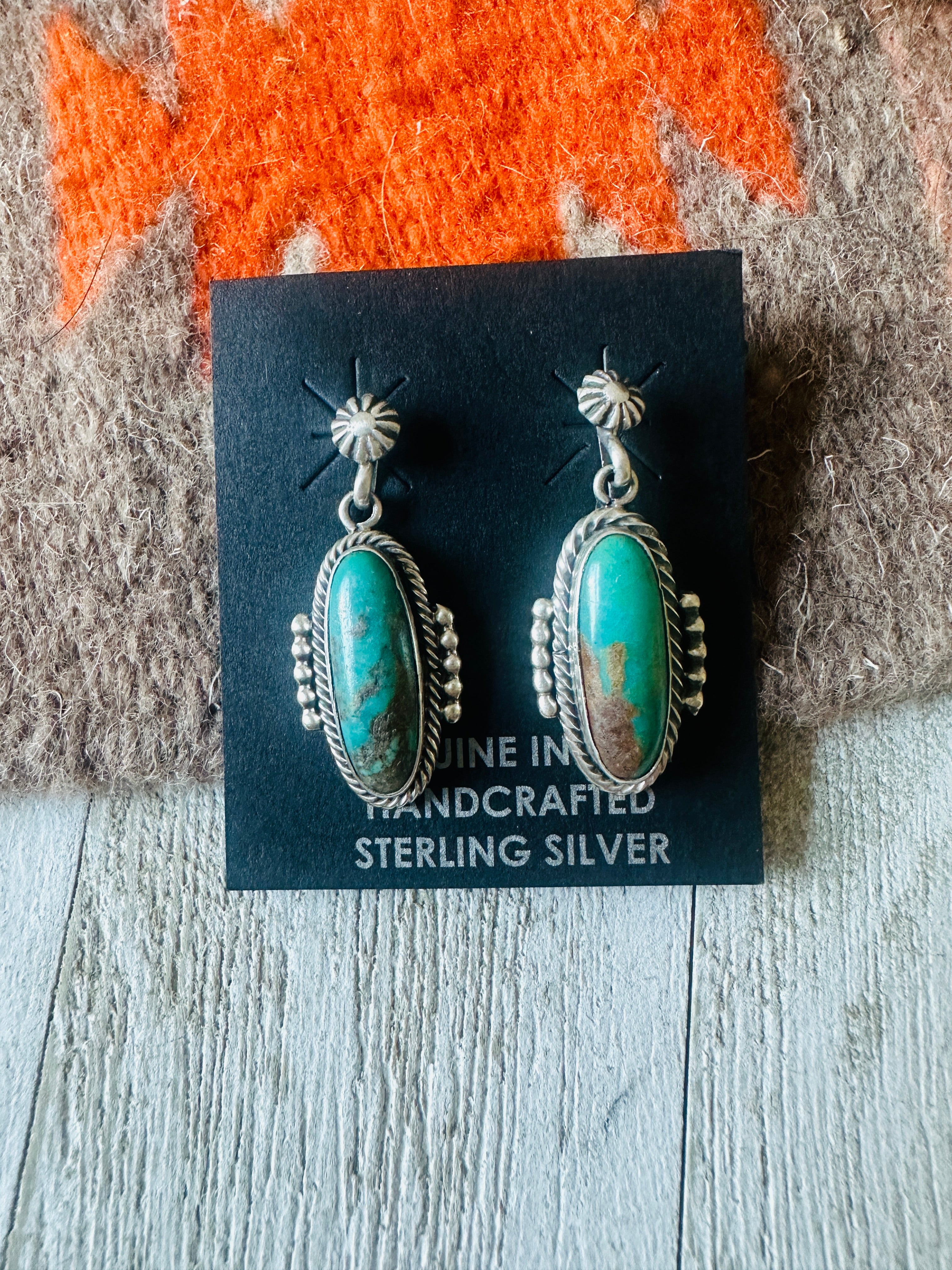 Heavy Navajo outlet Natural Royston Turquoise sterling silver dangle earrings