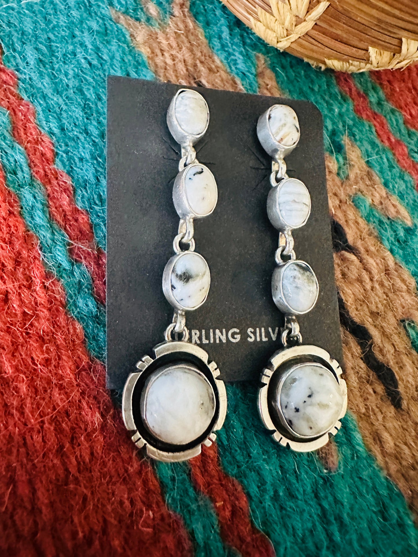 Navajo White Buffalo & Sterling Silver Cowboy Whispers Dangle Earrings