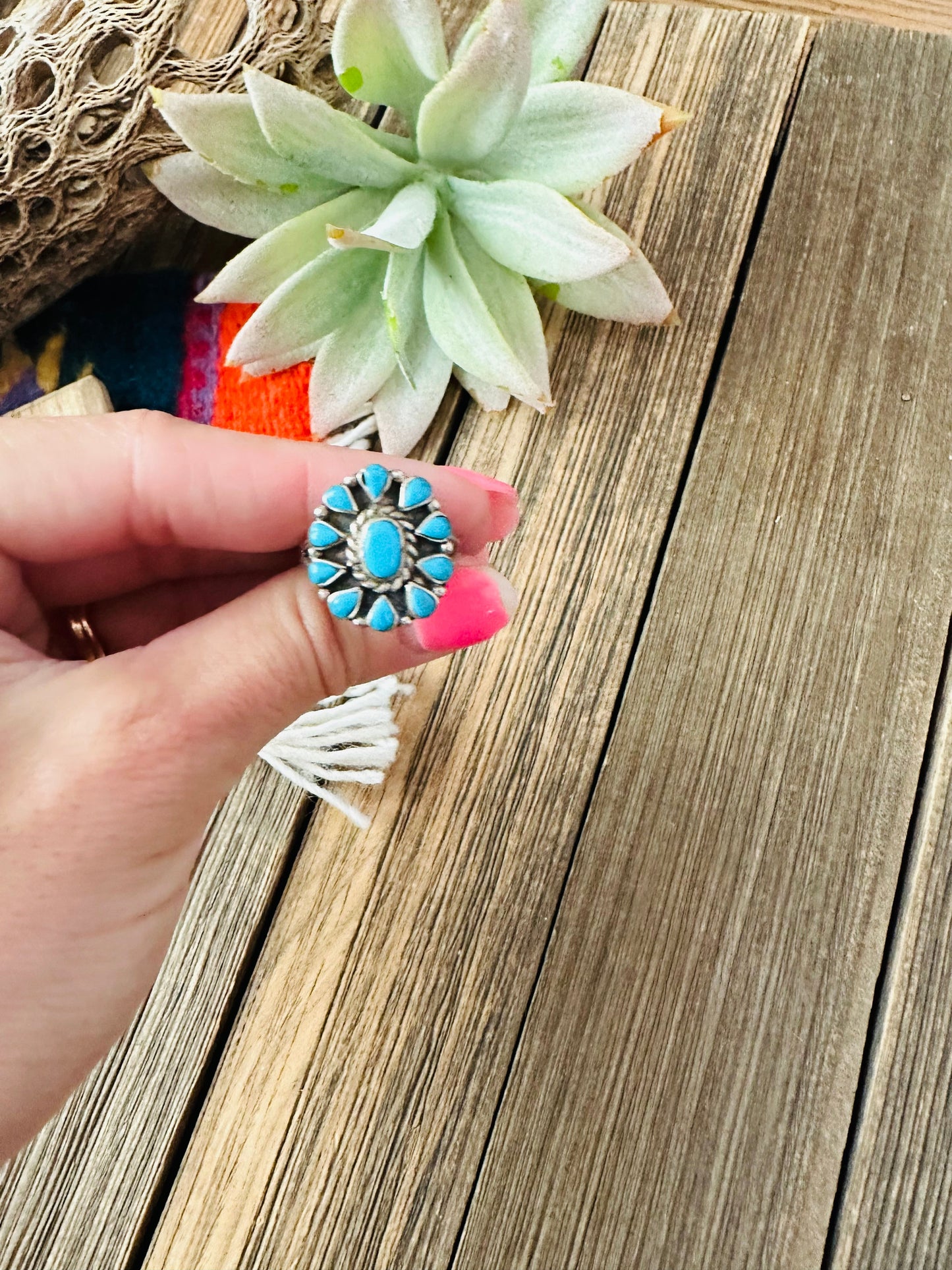 Navajo Sterling Silver And Turquoise Cluster Ring