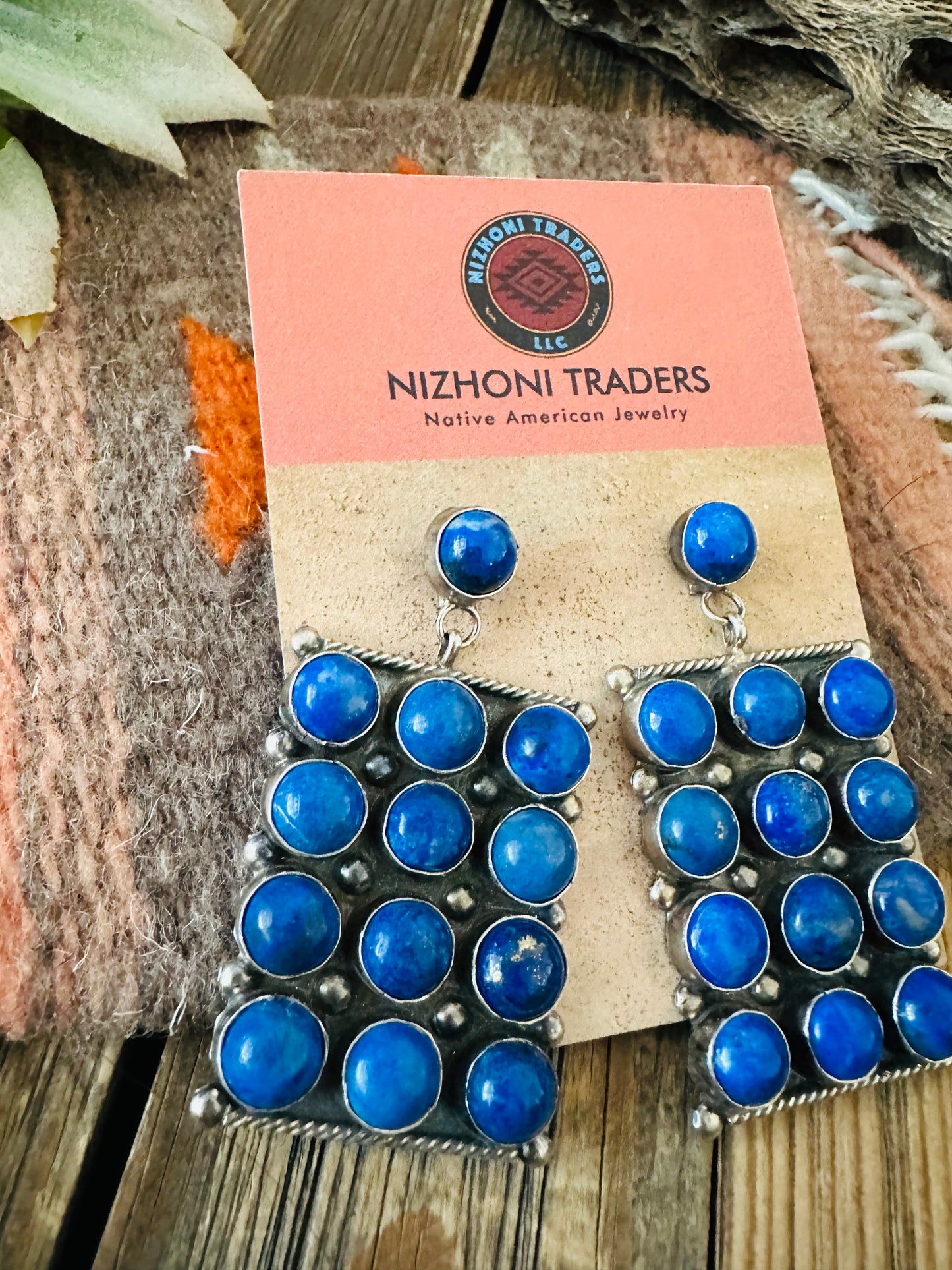 Navajo Lapis & Sterling Silver Cluster Dangle Earrings