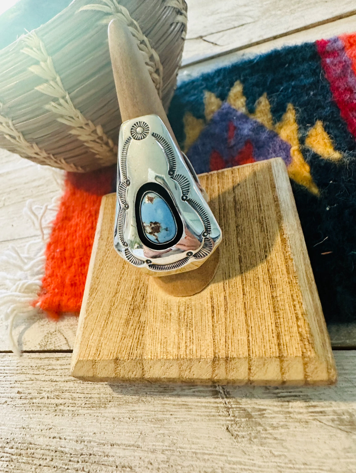 Navajo Golden Hills Turquoise & Sterling Silver Shadowbox Ring Size 8