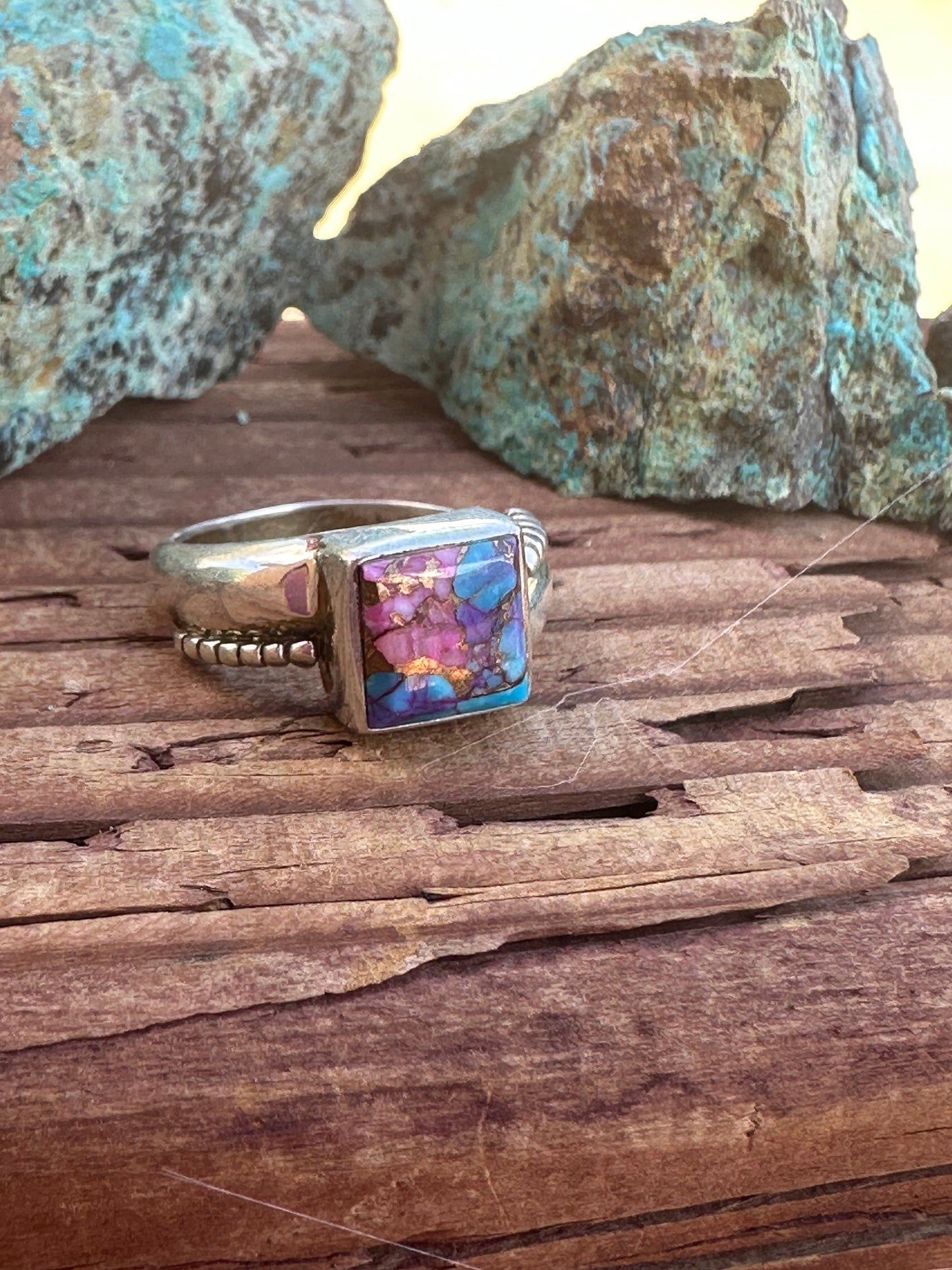 Navajo Pink Dream Mojave & Sterling Silver Square Stone Ring