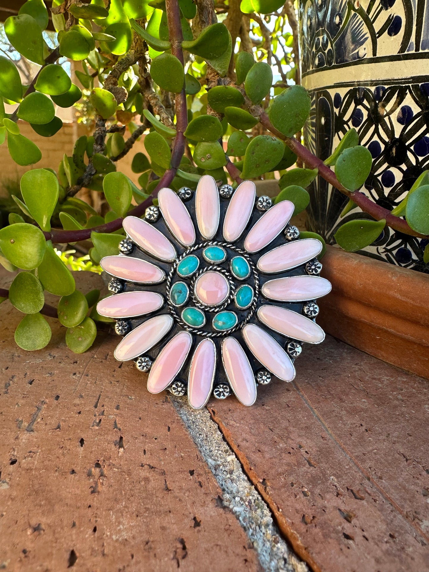 Navajo Sterling Silver, Turquoise & Queen Pink Conch Adjustable Ring