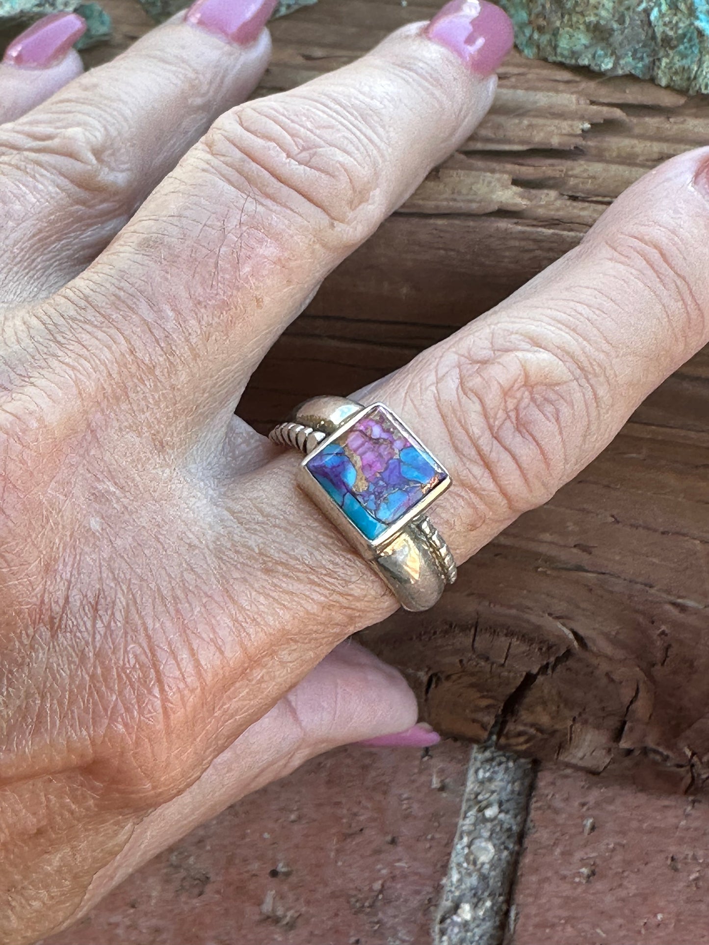 Navajo Pink Dream Mojave & Sterling Silver Square Stone Ring