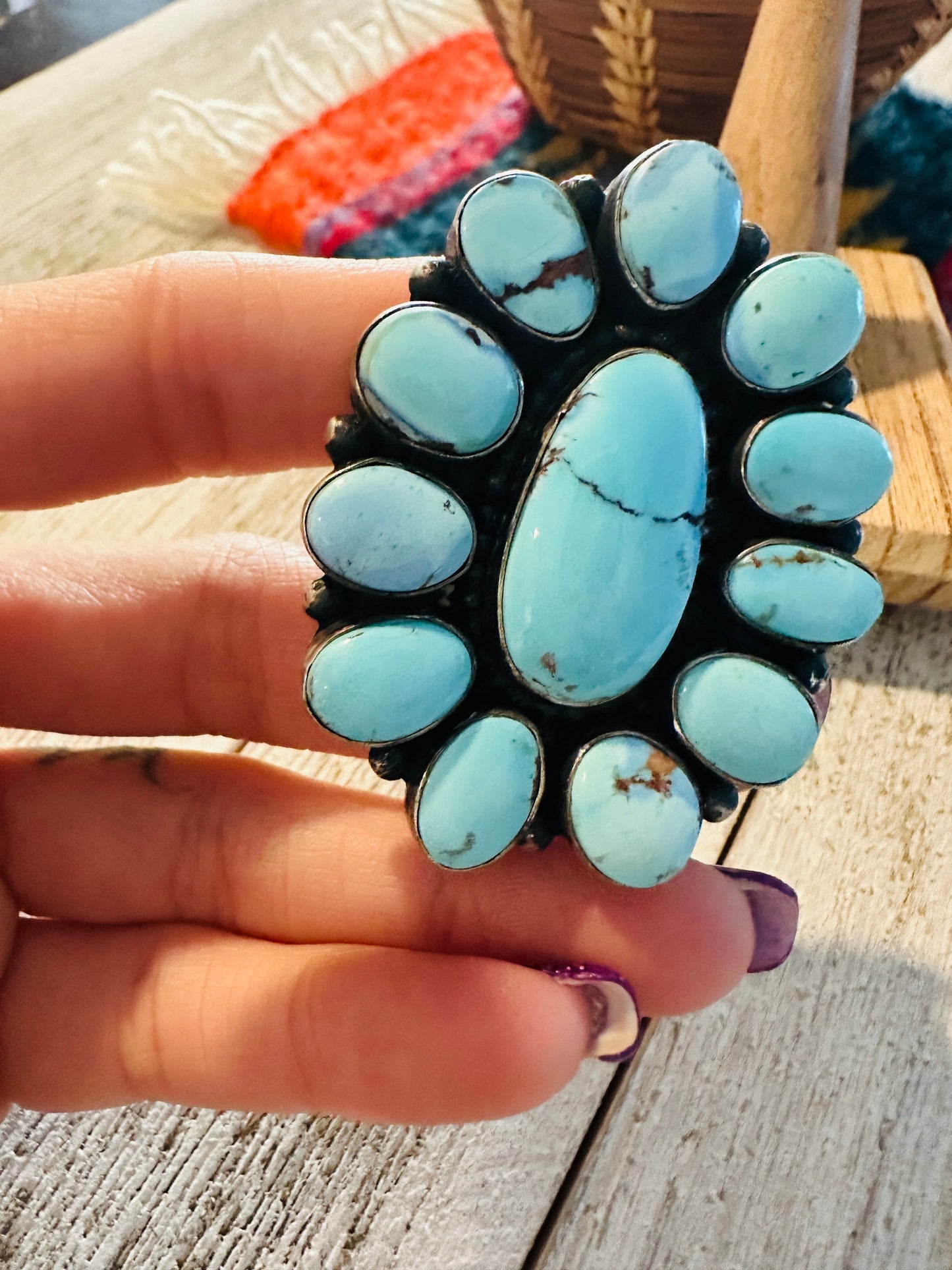 Navajo Golden Hills Turquoise & Sterling Silver Cluster Ring Size 7 by Ben Yellowhorse