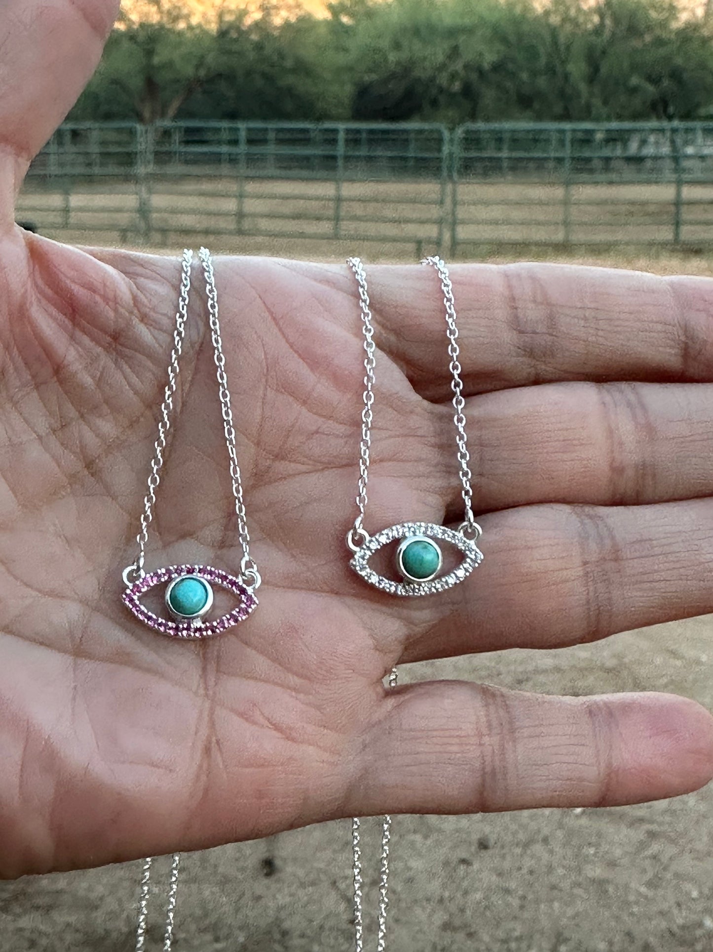 Handmade Sterling Silver Turquoise and CZ Evil Eye Necklace