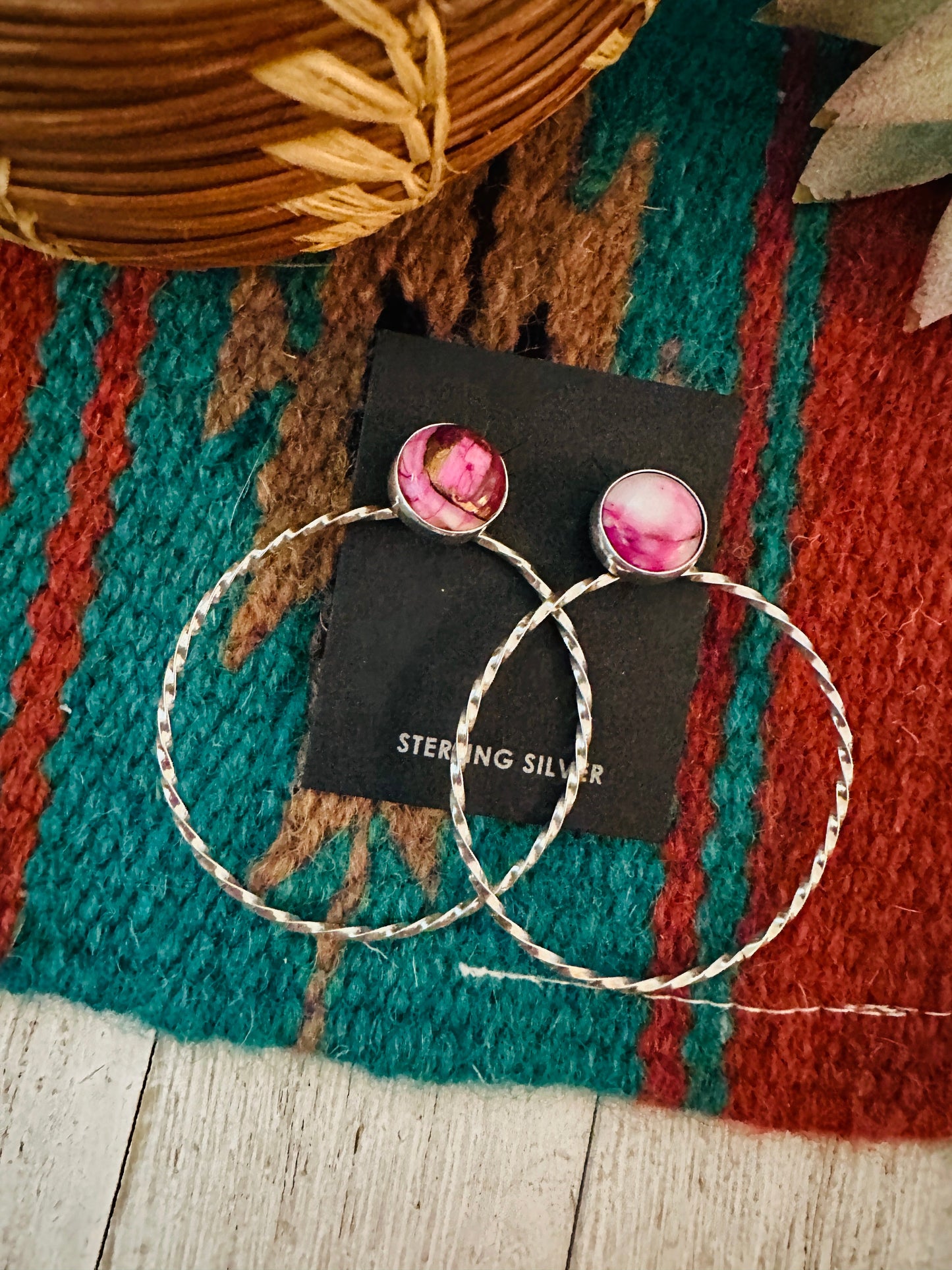 Navajo Pink Mojave & Sterling Silver Dangle Hoop Earrings