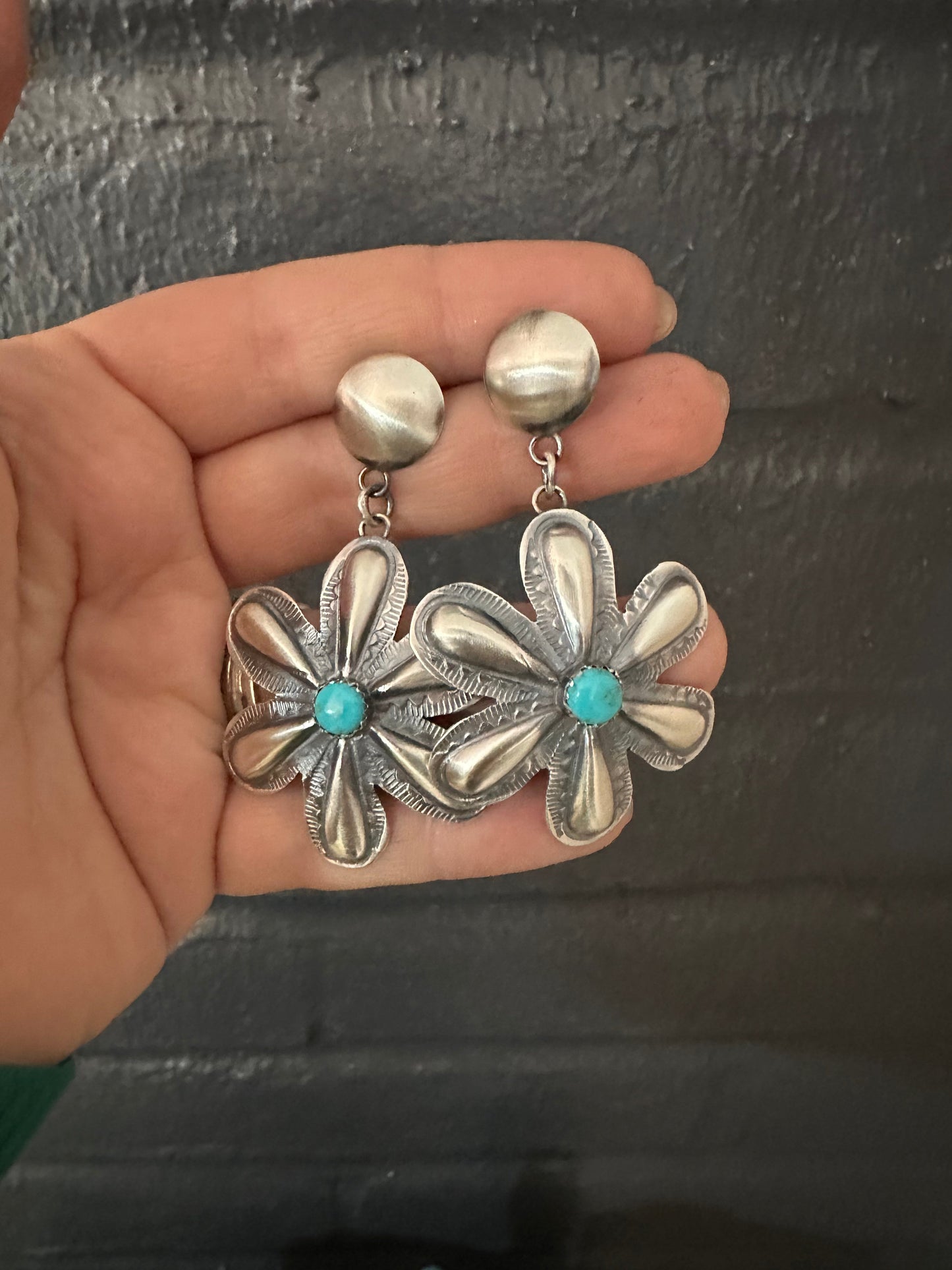 Navajo Sterling Silver & Turquoise Concho Dangle Earrings