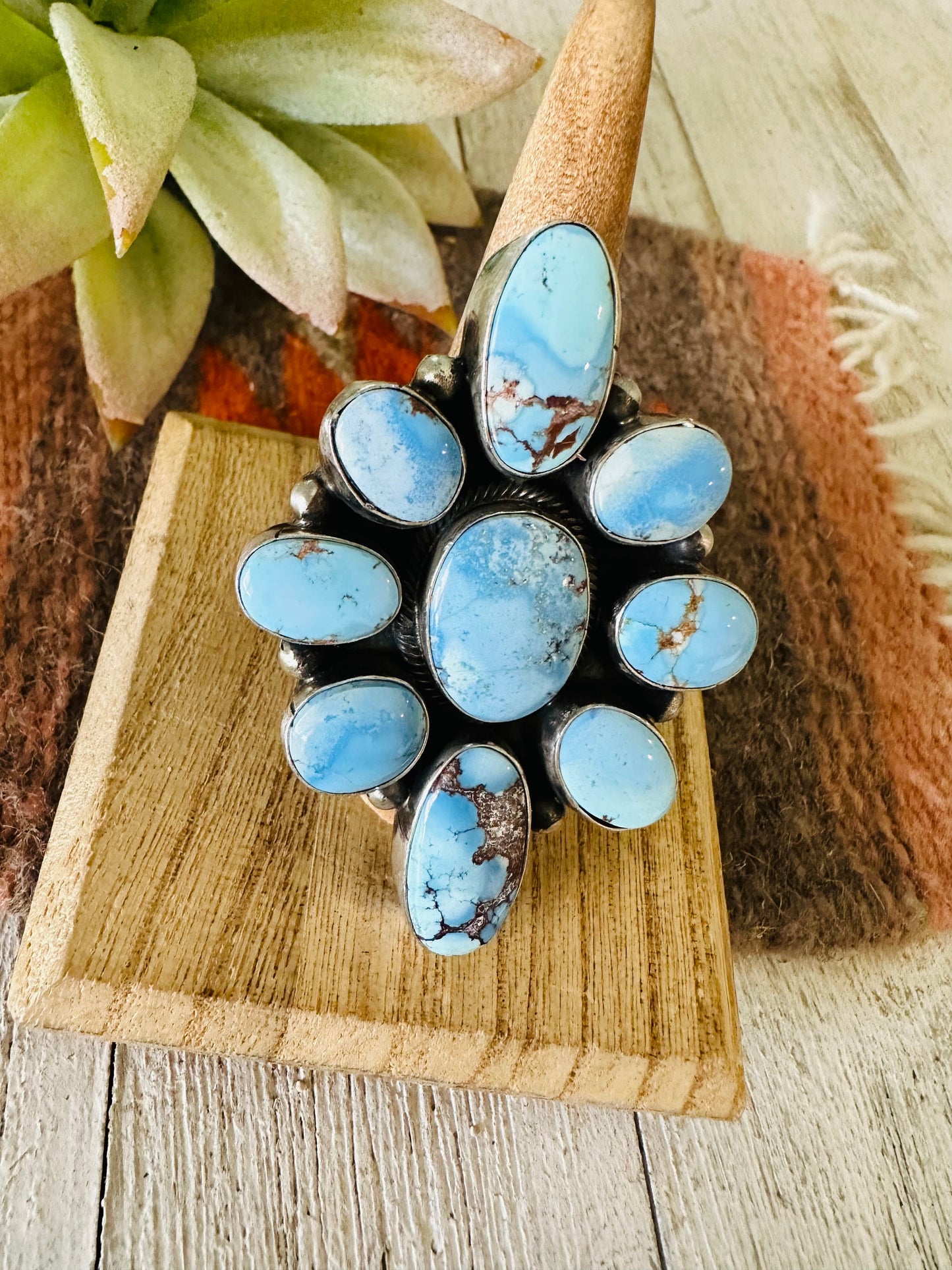 Navajo Golden Hills Turquoise & Sterling Silver Cluster Ring Size 9.5