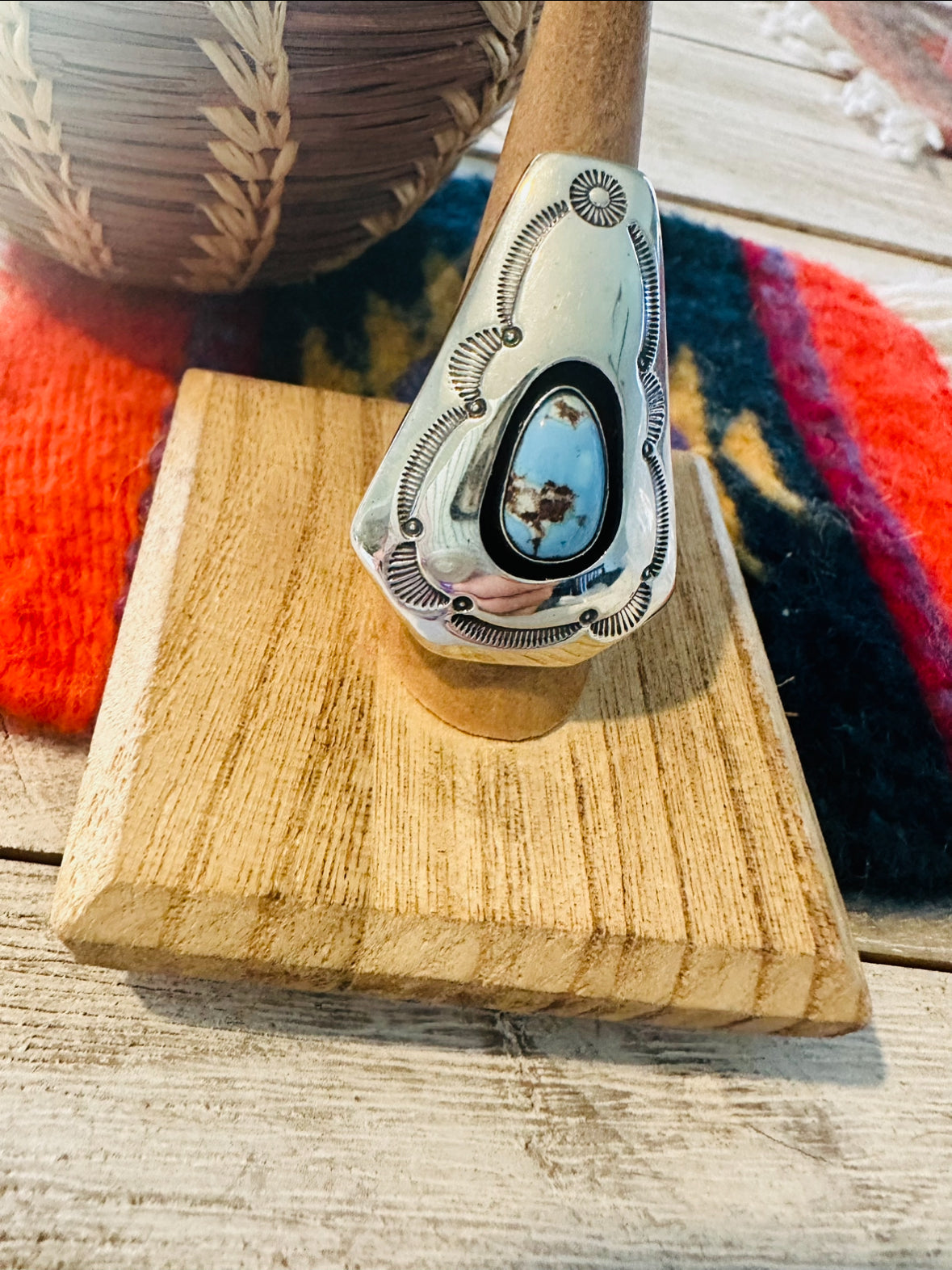 Navajo Golden Hills Turquoise & Sterling Silver Shadowbox Ring Size 8