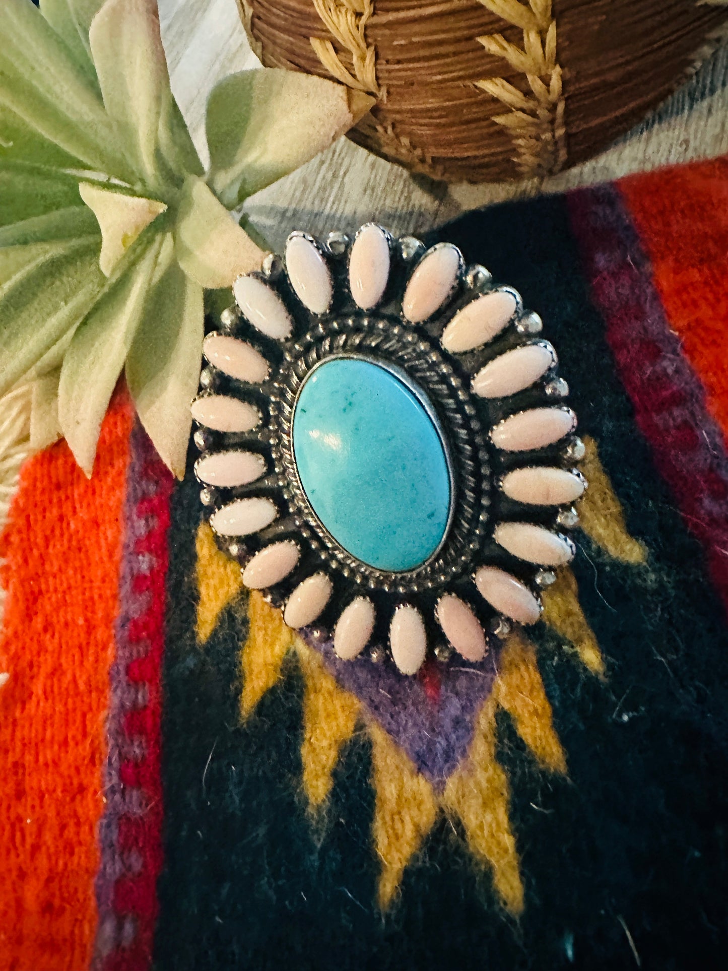 Navajo Sterling Silver, Queen Pink Conch & Turquoise Adjustable Cluster Ring