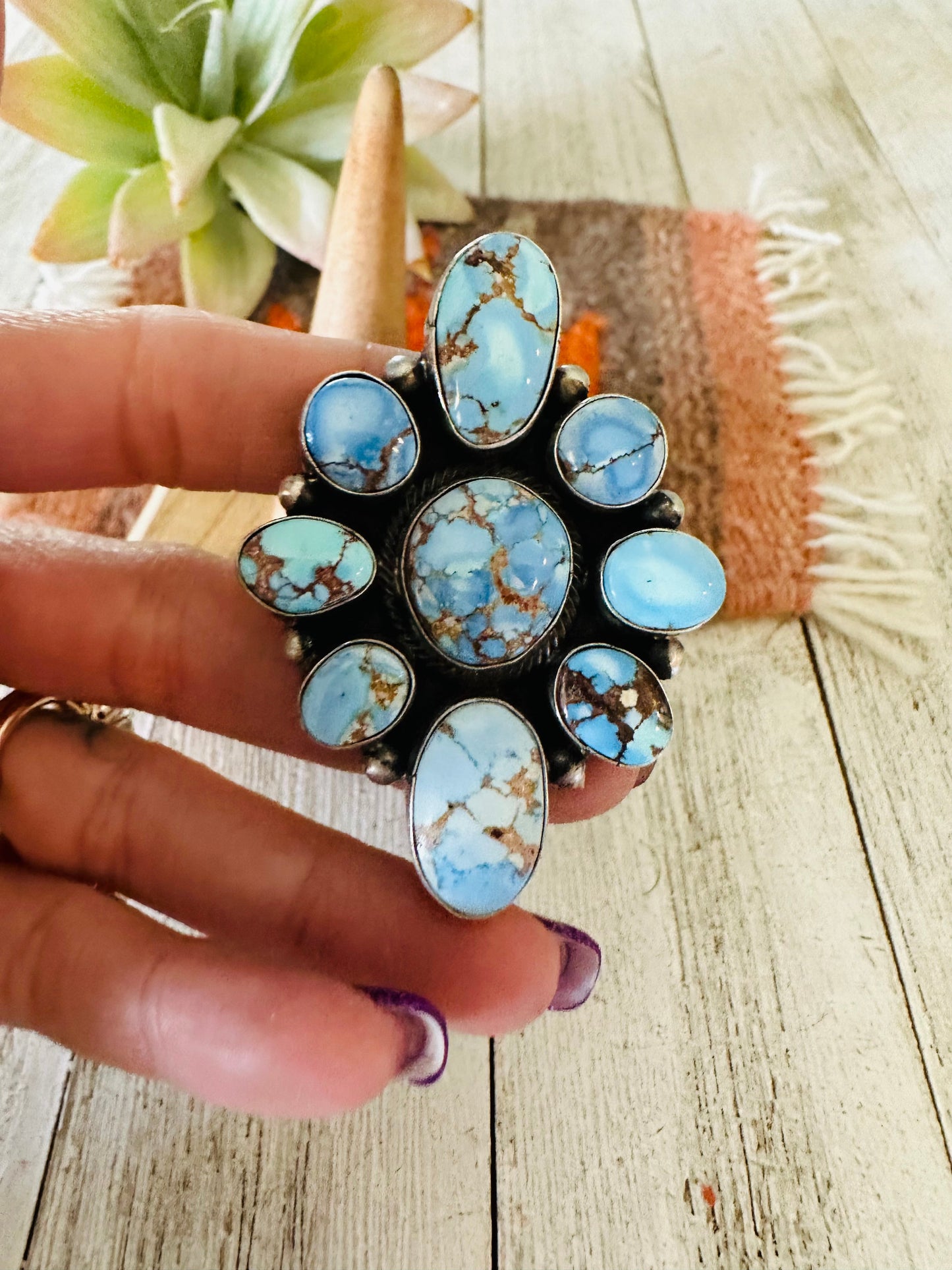 Navajo Golden Hills Turquoise & Sterling Silver Cluster Ring Size 8