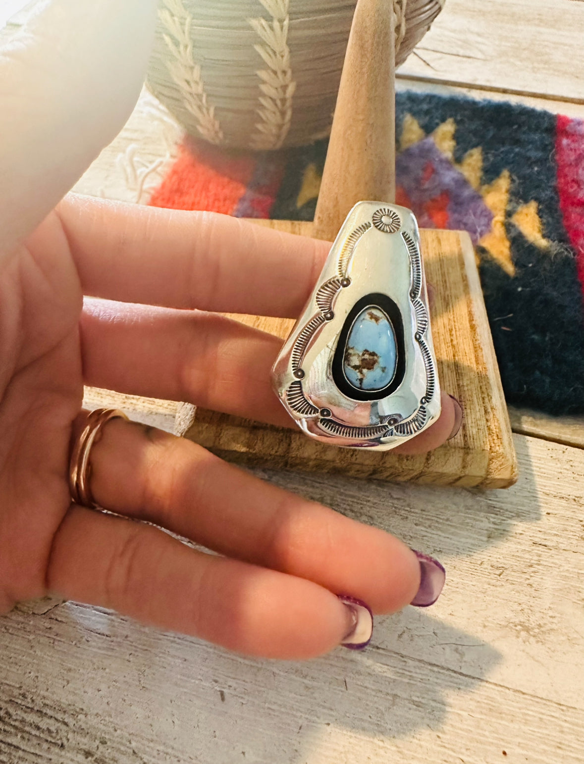 Navajo Golden Hills Turquoise & Sterling Silver Shadowbox Ring Size 8