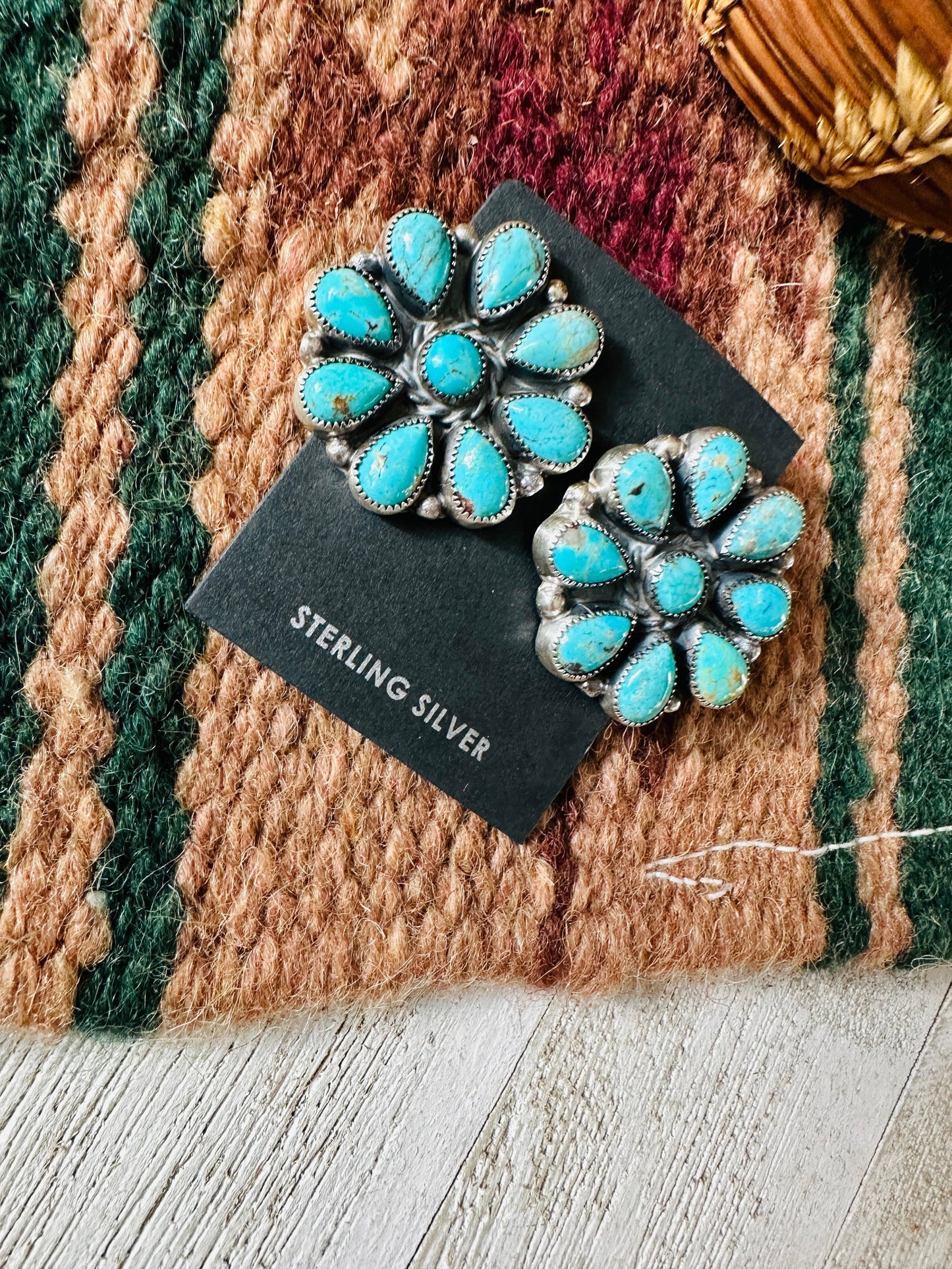 Navajo Sterling Silver & Turquoise Cluster Stud Earrings 1 1/8”