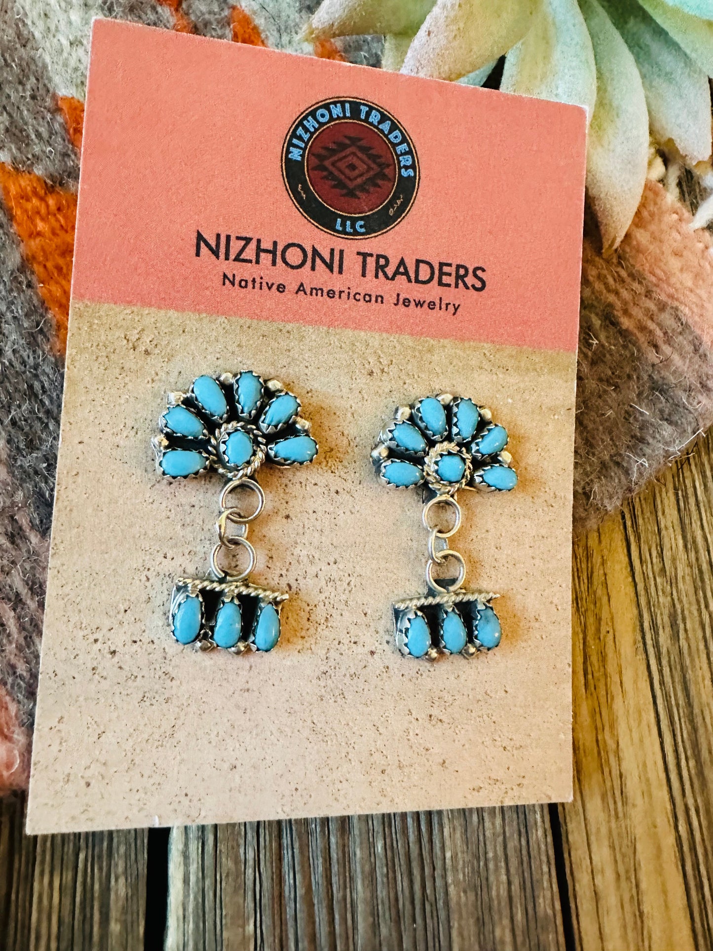 Zuni Sterling Silver & Turquoise Cluster Dangle Earrings