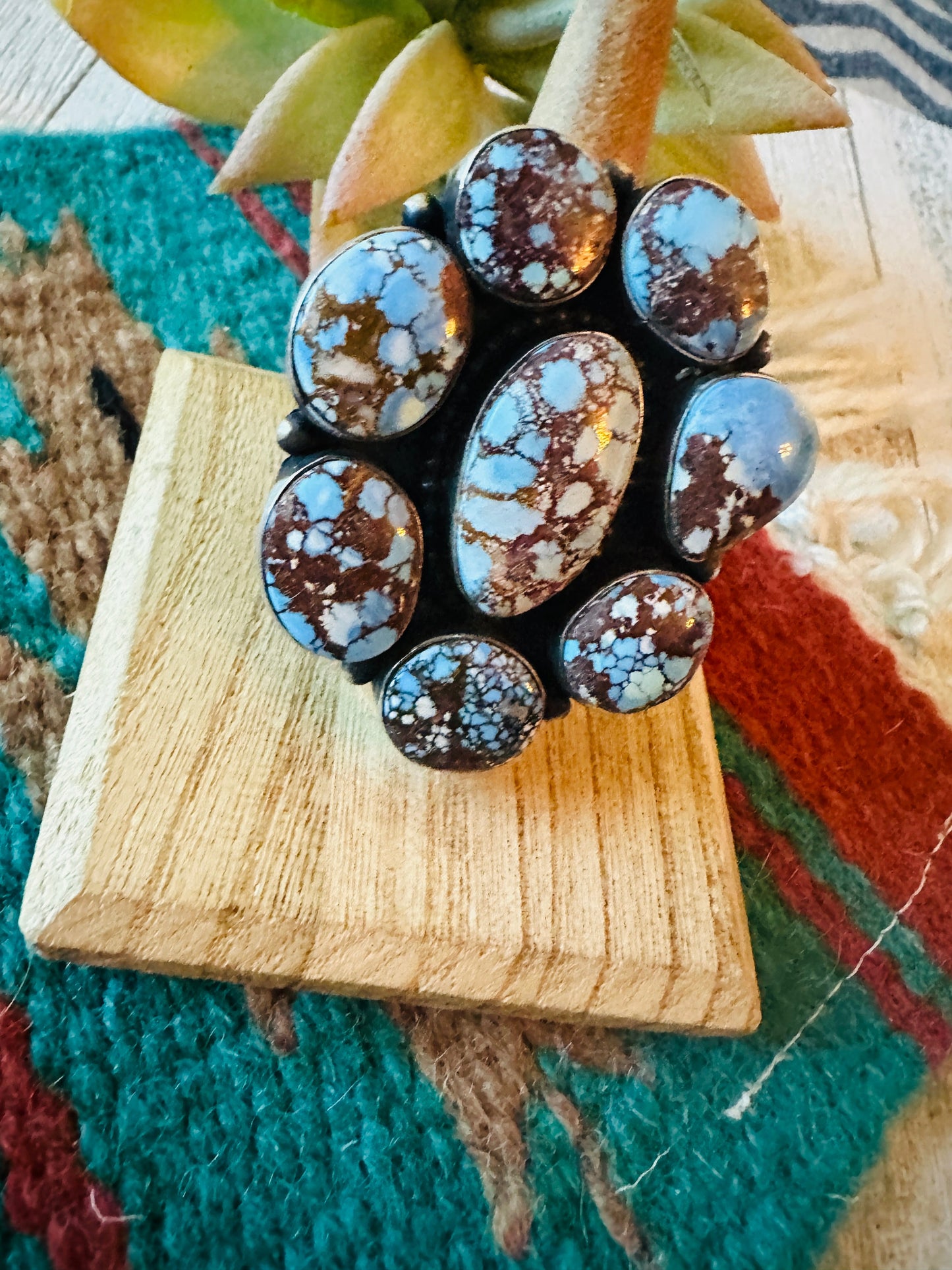 Navajo Golden Hills Turquoise & Sterling Silver Cluster Ring Size 7.25