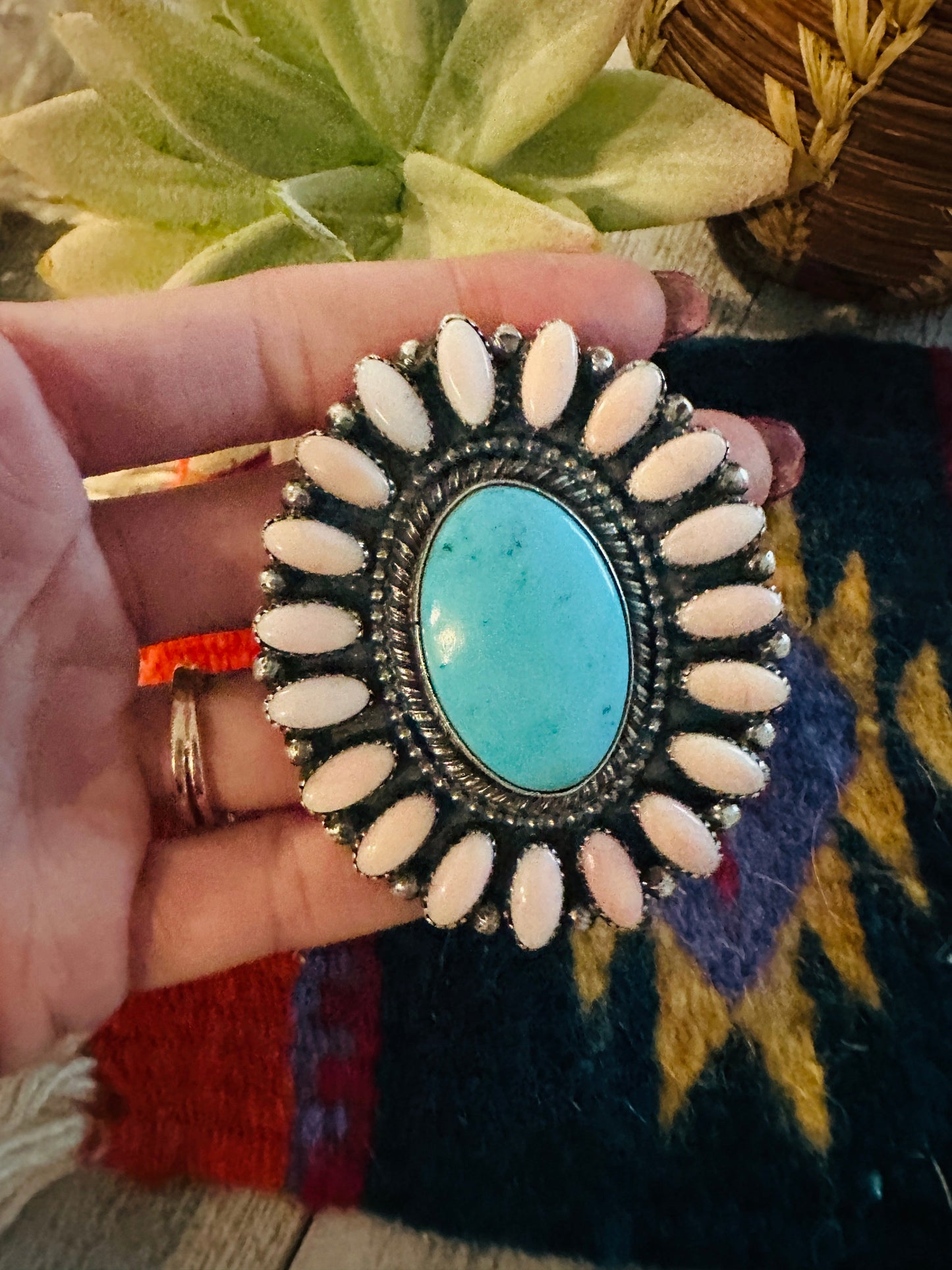 Navajo Sterling Silver, Queen Pink Conch & Turquoise Adjustable Cluster Ring