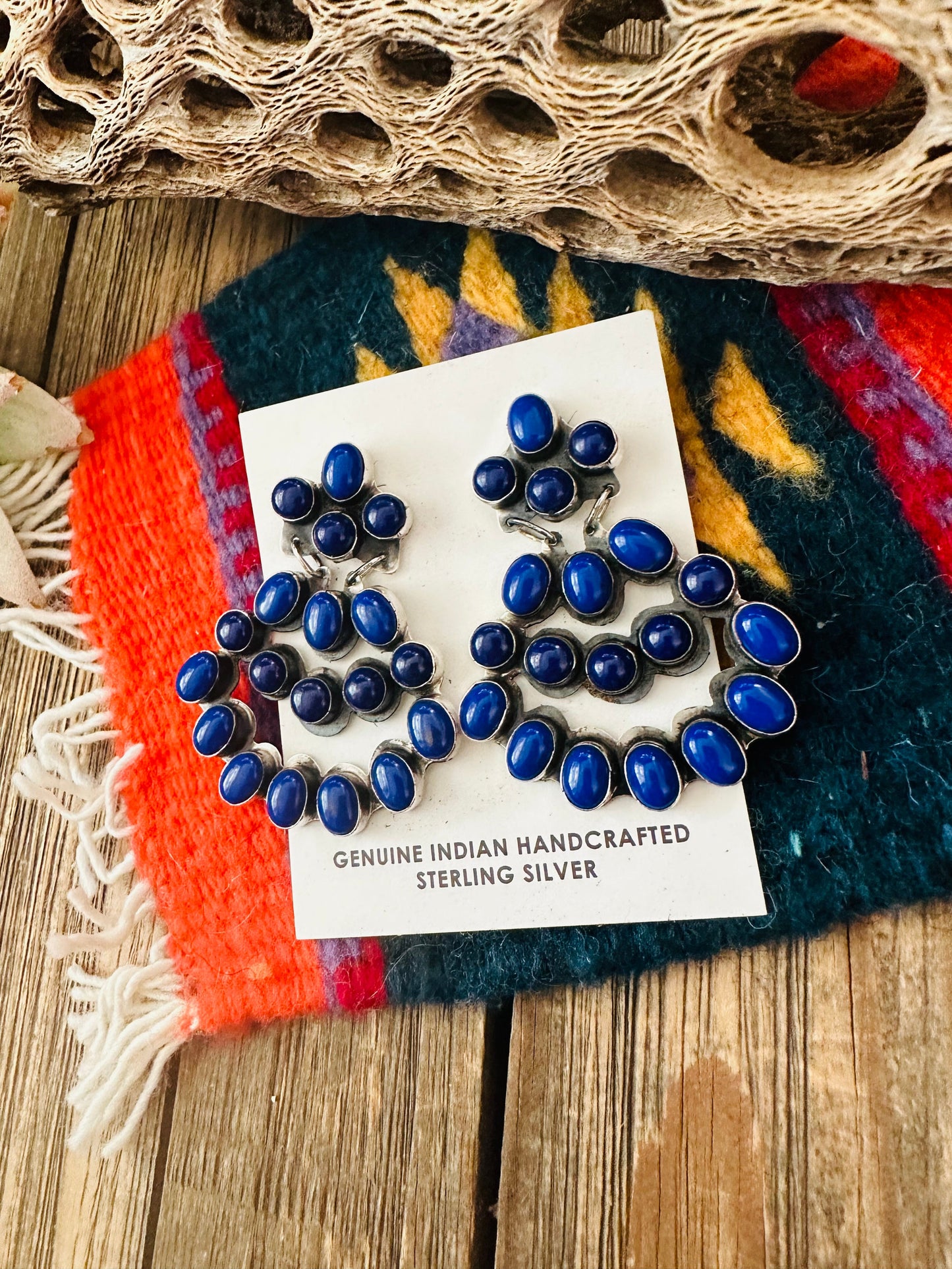 Navajo Lapis & Sterling Silver Cluster Dangle Earrings