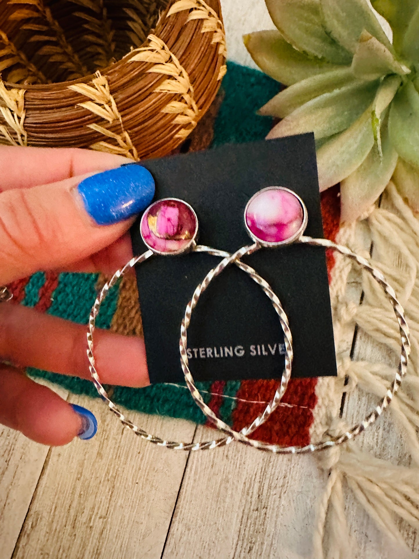 Navajo Pink Mojave & Sterling Silver Dangle Hoop Earrings