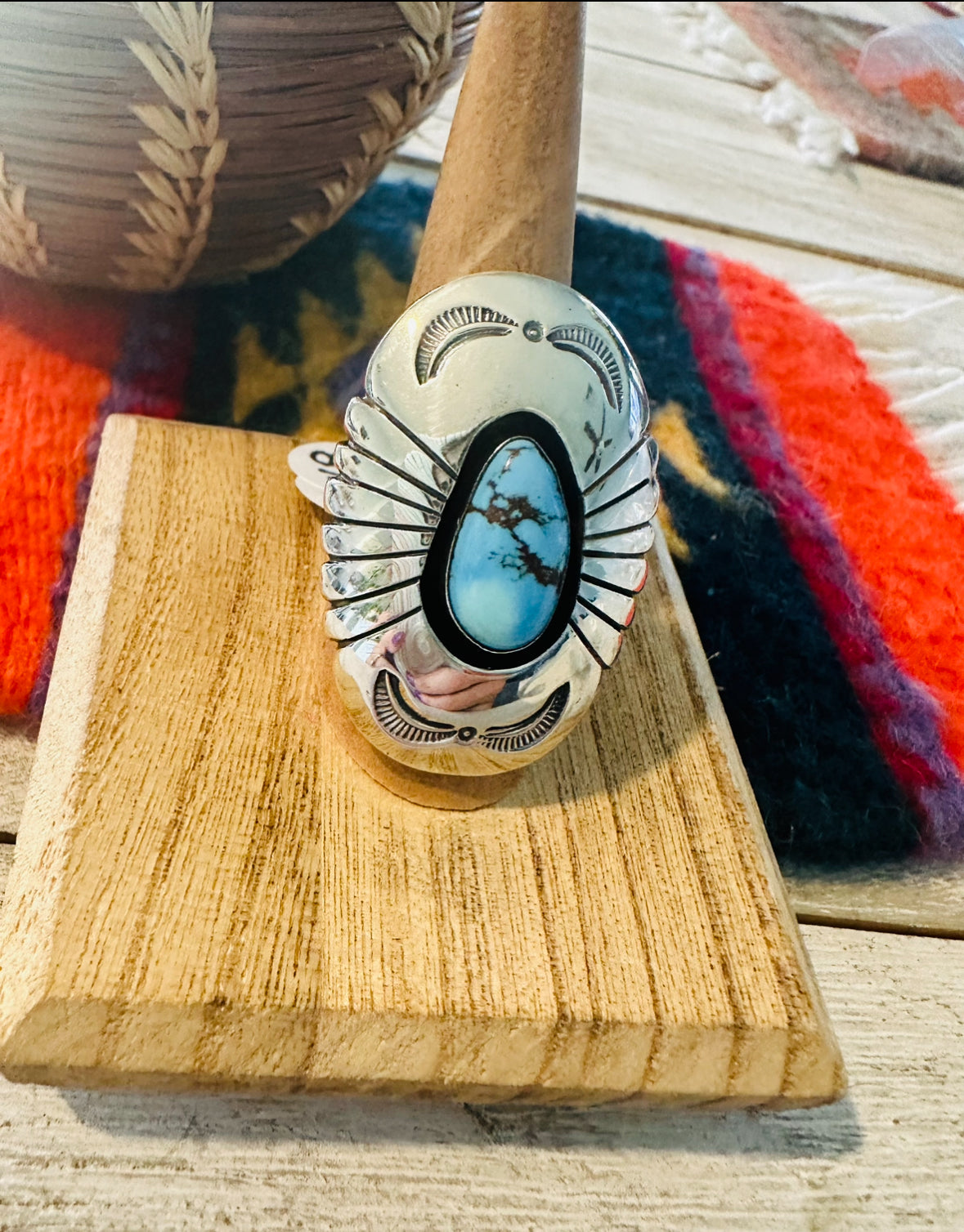 Navajo Golden Hills Turquoise & Sterling Silver Shadowbox Ring Size 8.5
