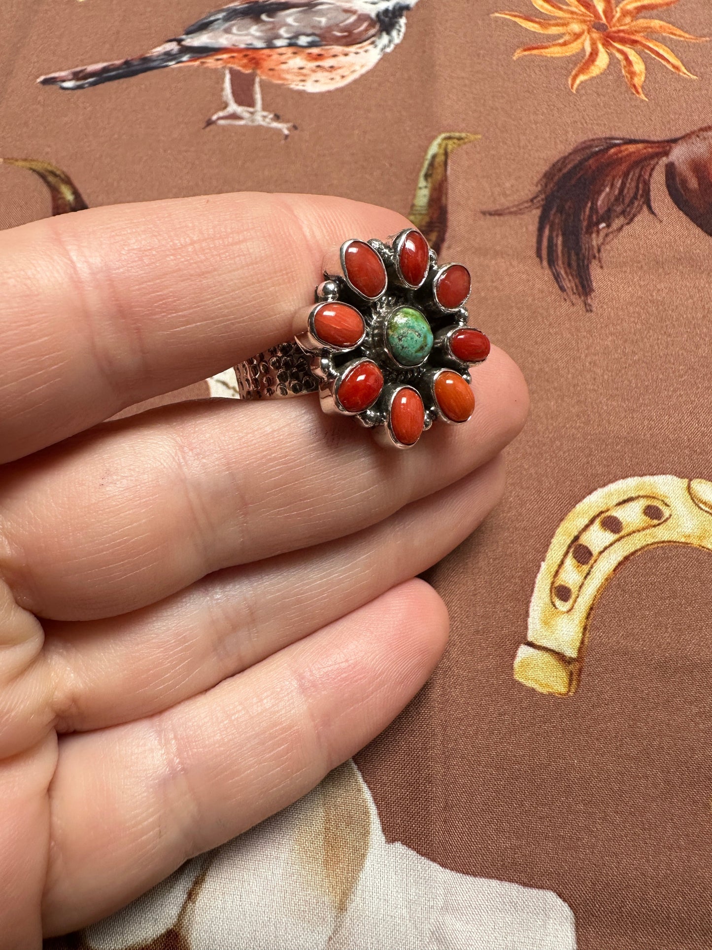 Beautiful Handmade Coral, Sonoran Turquoise And Sterling Silver Adjustable Ring STYLE 8