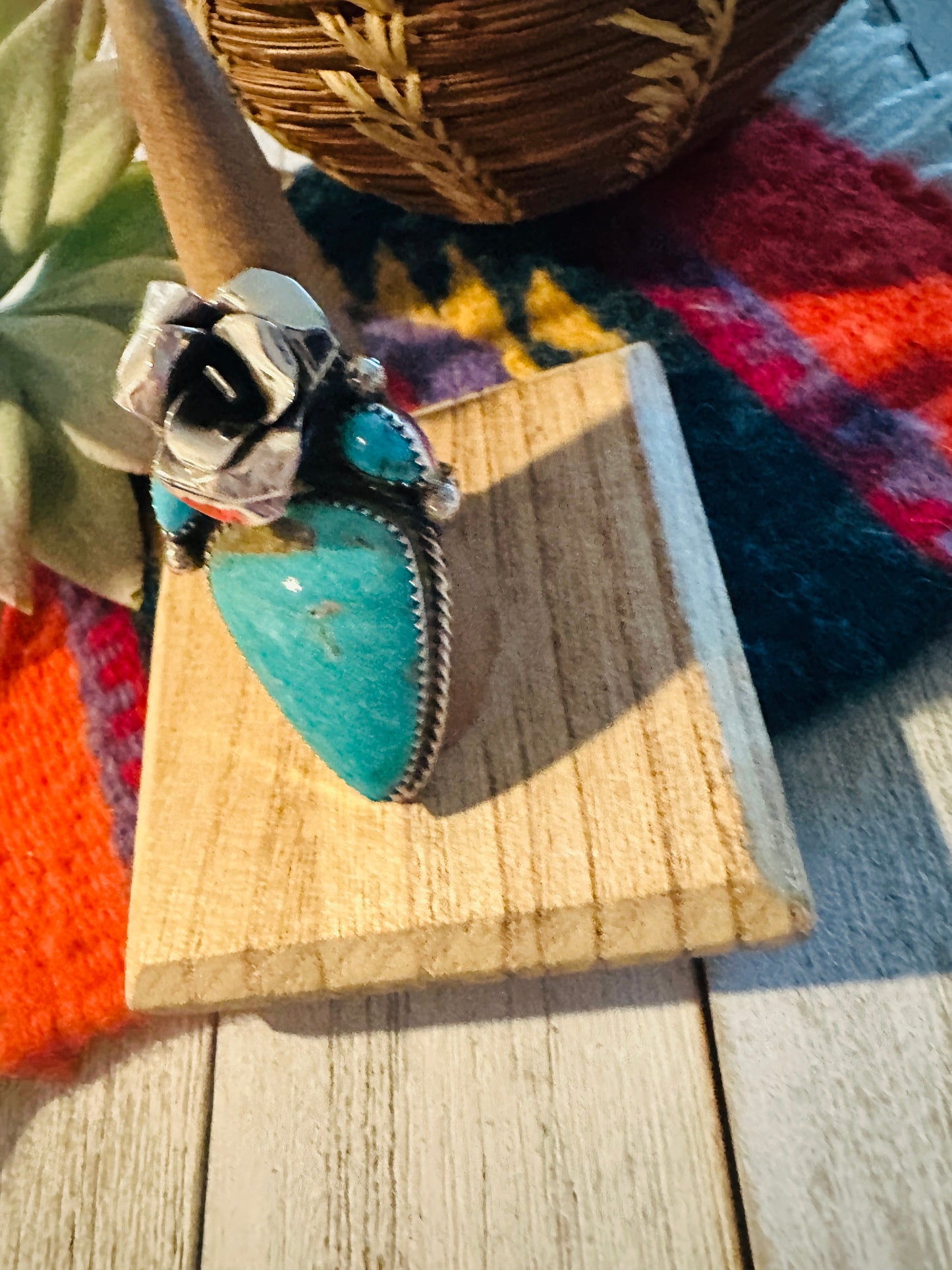 Navajo Sterling Silver & Turquoise Rose Ring Adjustable Ring