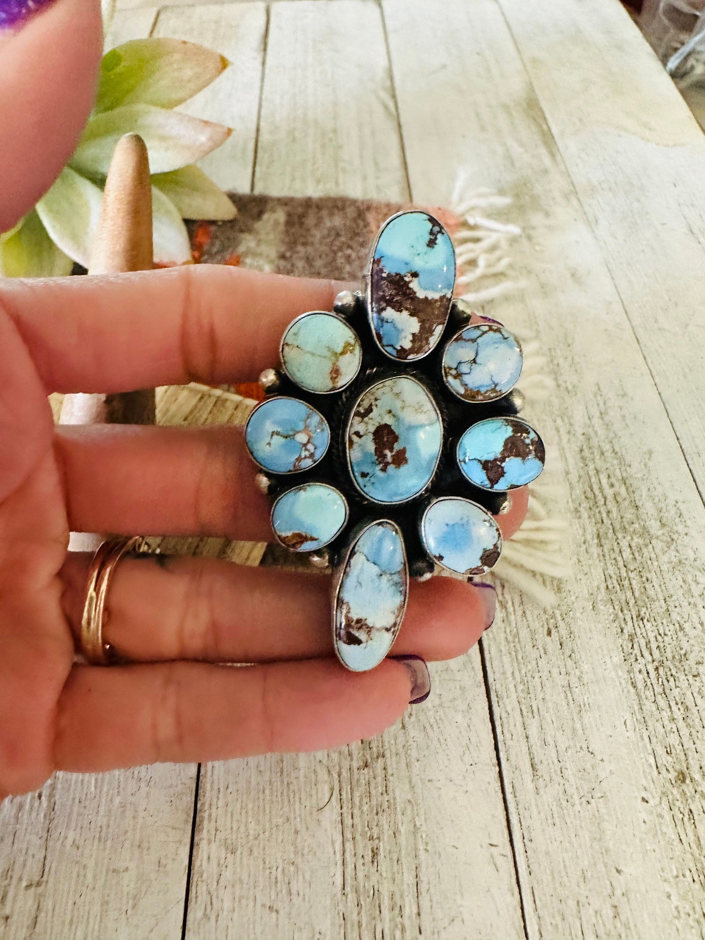 Navajo Golden Hills Turquoise & Sterling Silver Cluster Ring Size 9