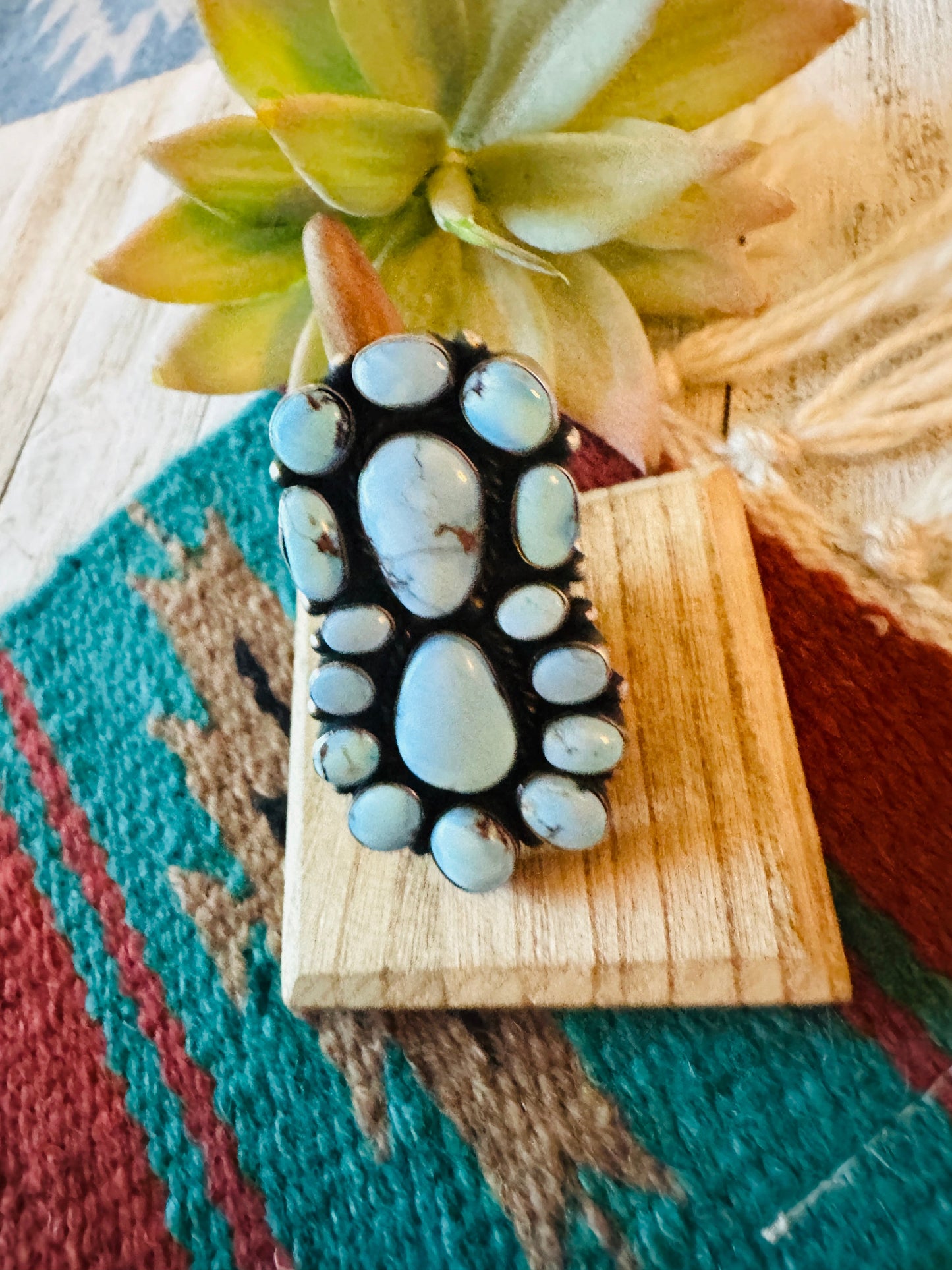 Navajo Golden Hills Turquoise & Sterling Silver Cluster Ring Size 8.25