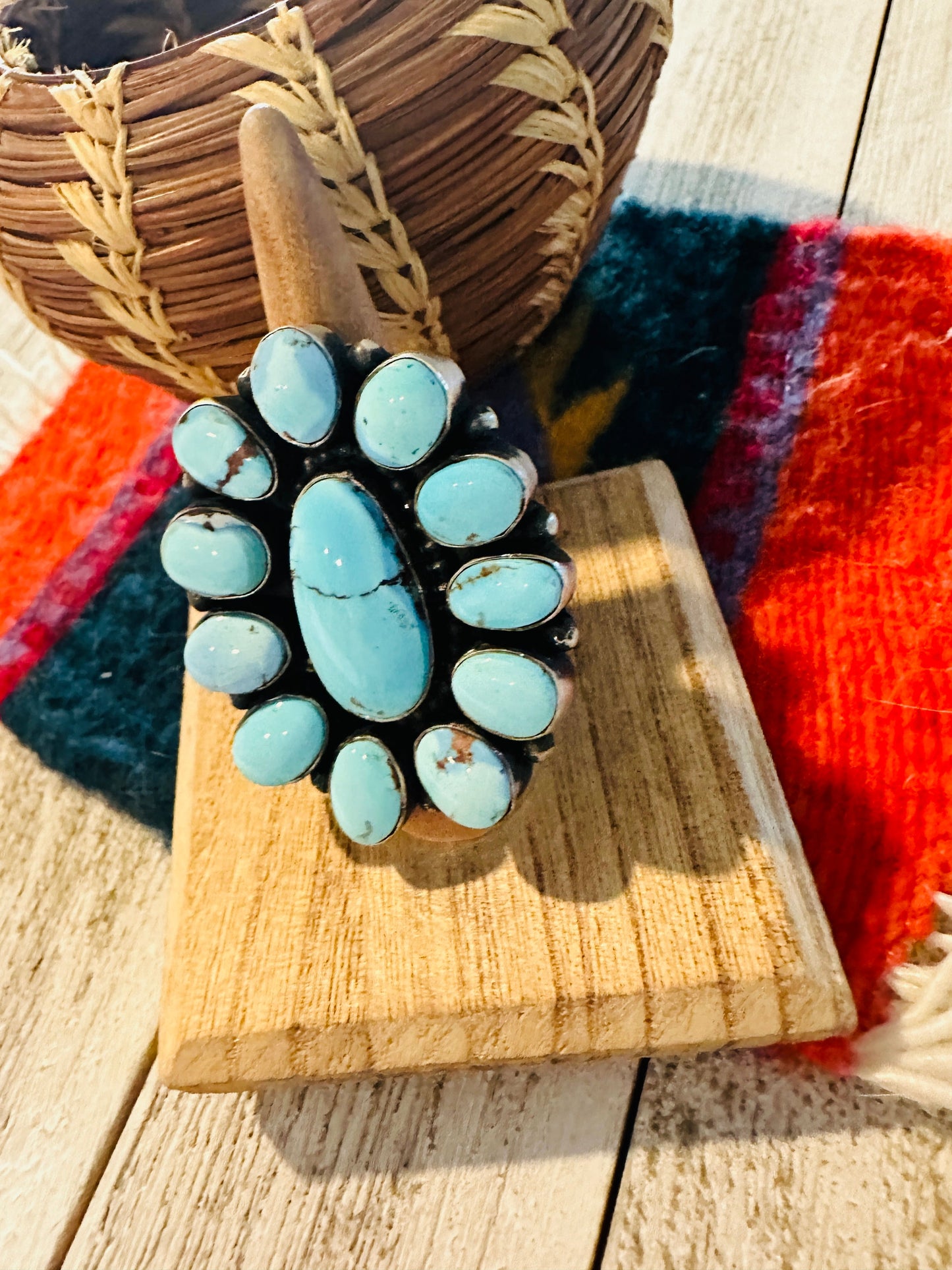 Navajo Golden Hills Turquoise & Sterling Silver Cluster Ring Size 7 by Ben Yellowhorse
