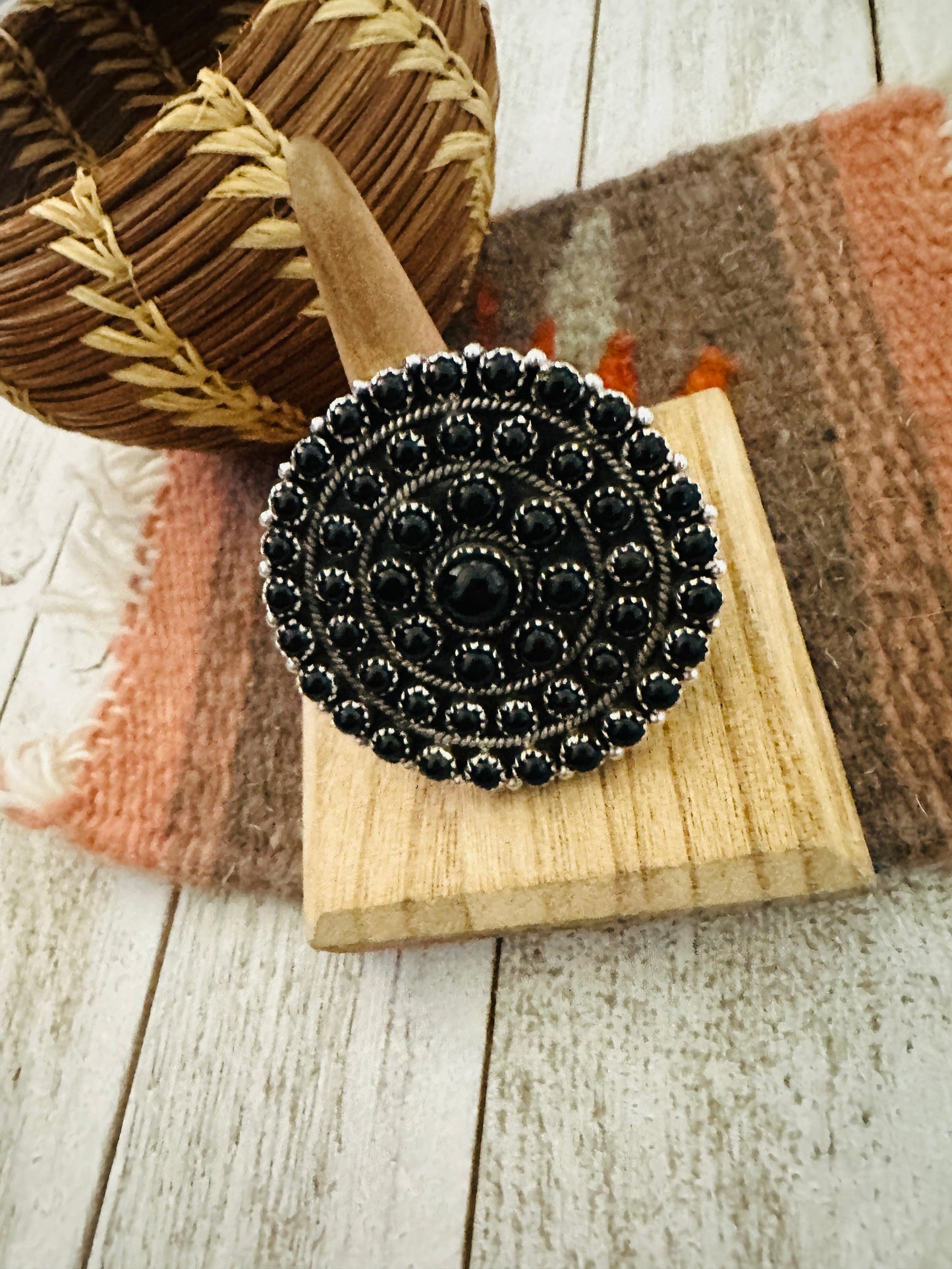 Handmade Sterling Silver & Black Onyx Cluster Adjustable Ring by Nizhoni