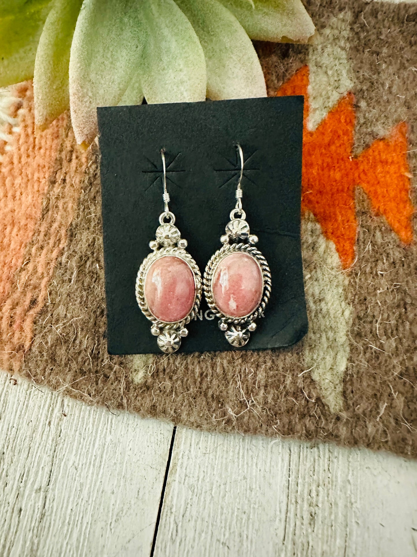 Navajo Rhodochrosite and Sterling Silver Dangle Earrings