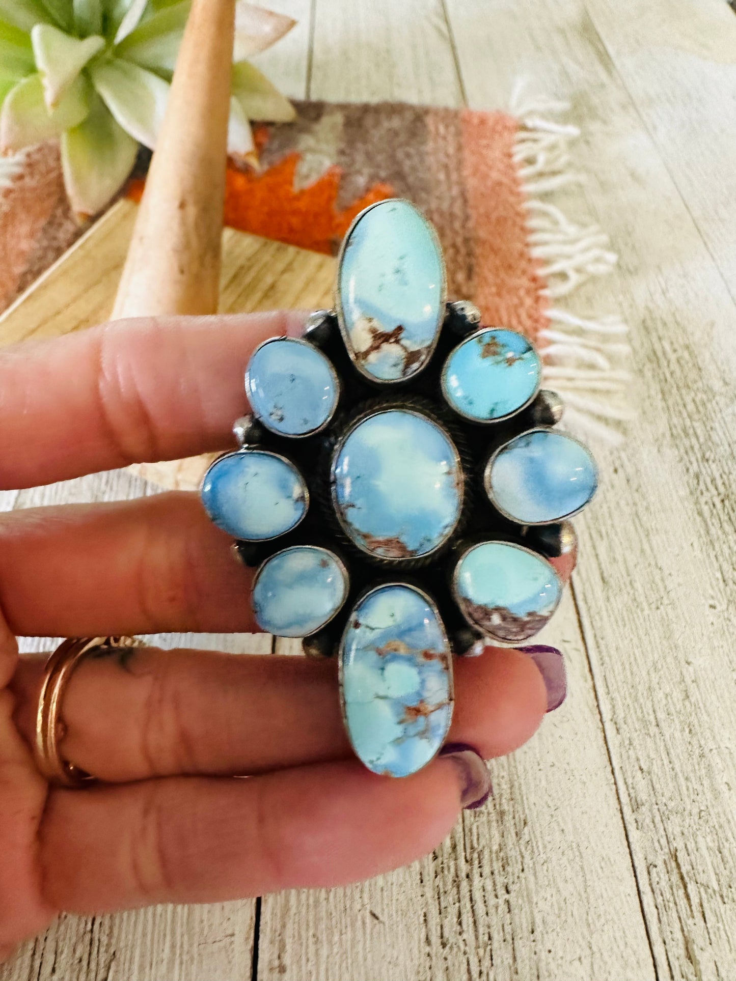 Navajo Golden Hills Turquoise & Sterling Silver Cluster Ring Size 7.75
