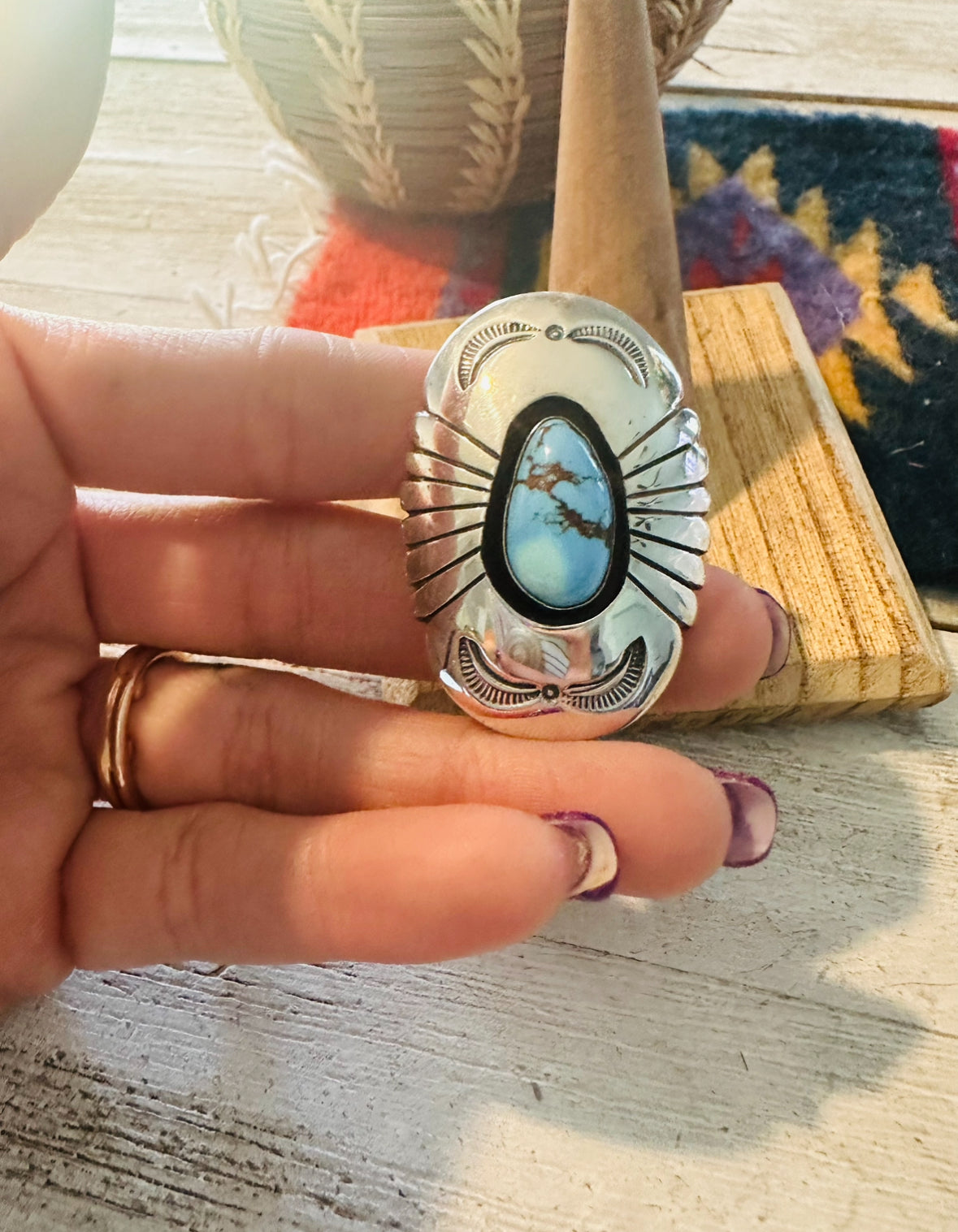 Navajo Golden Hills Turquoise & Sterling Silver Shadowbox Ring Size 8.5