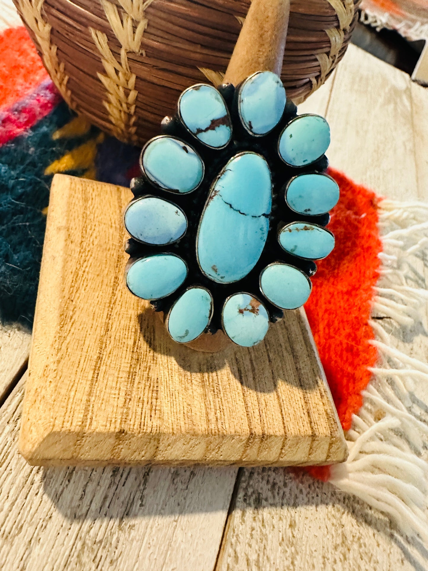 Navajo Golden Hills Turquoise & Sterling Silver Cluster Ring Size 7 by Ben Yellowhorse