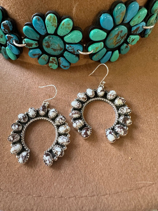 Handmade Wild Horse & Sterling Silver Naja Style Dangle Earrings Signed Nizhoni
