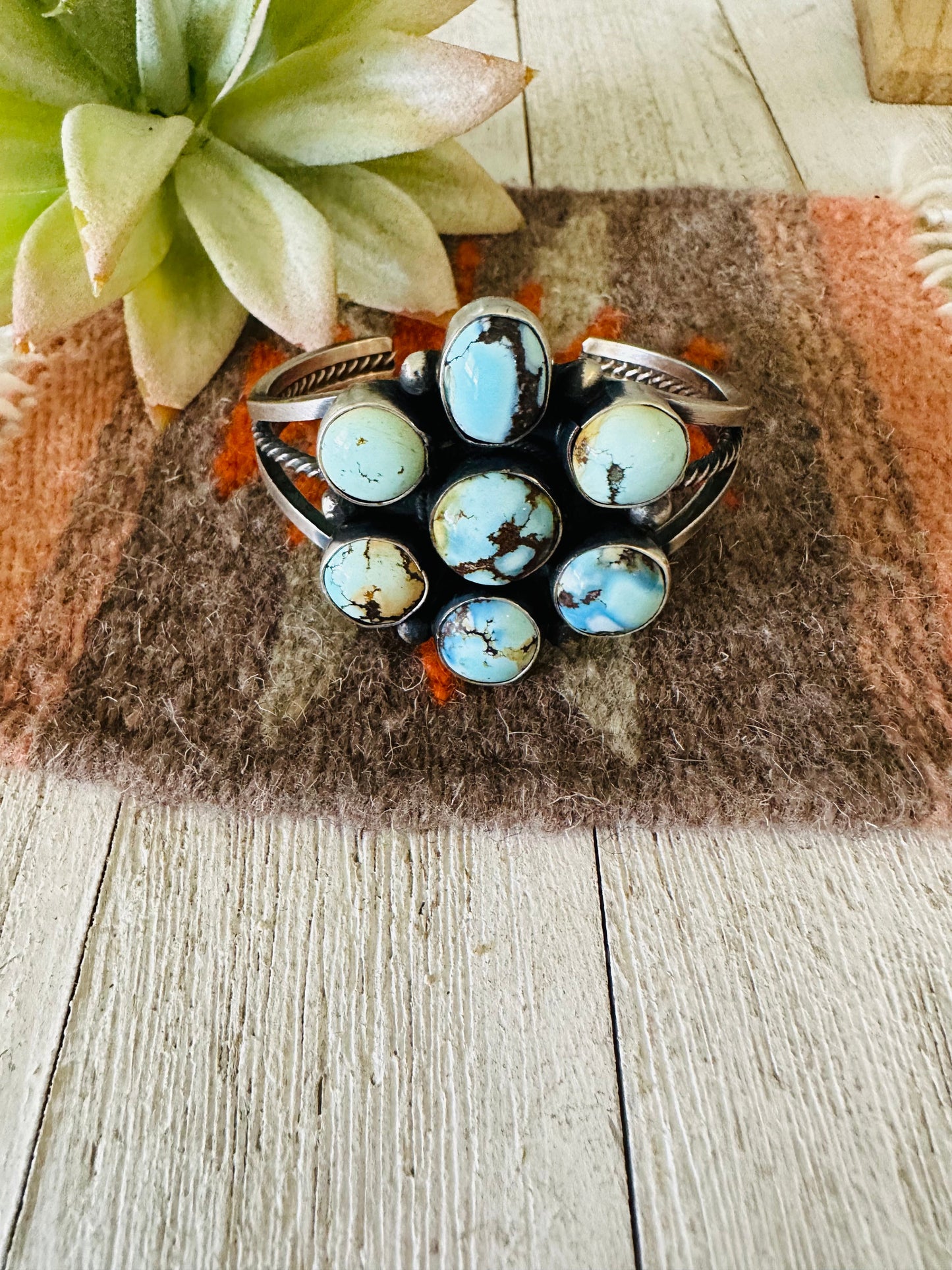 Navajo Golden Hills Turquoise & Sterling Silver Cluster Cuff Bracelet