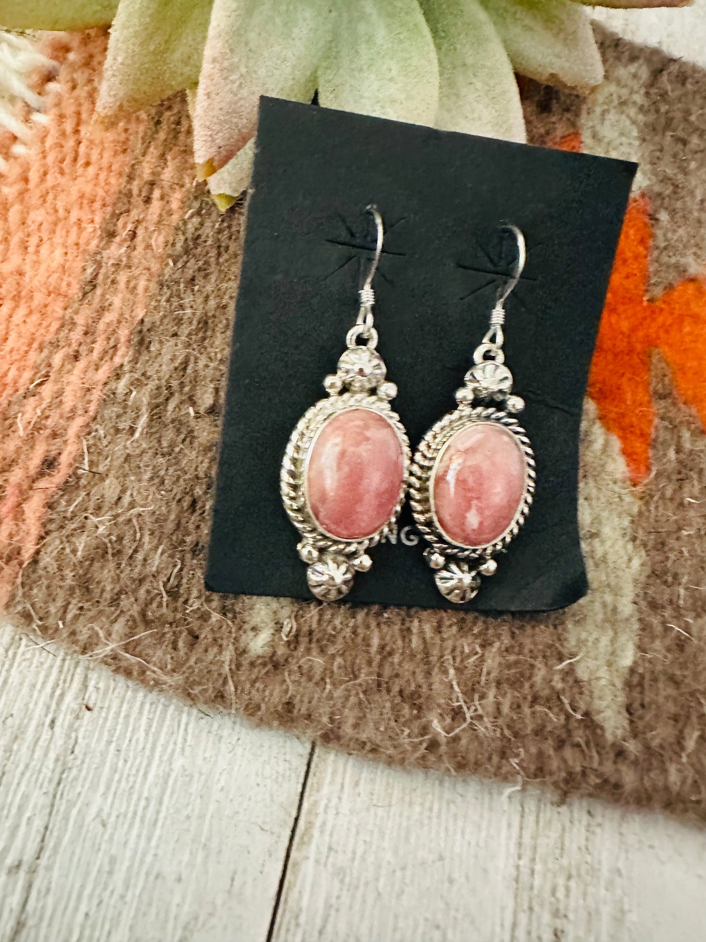 Navajo Rhodochrosite and Sterling Silver Dangle Earrings