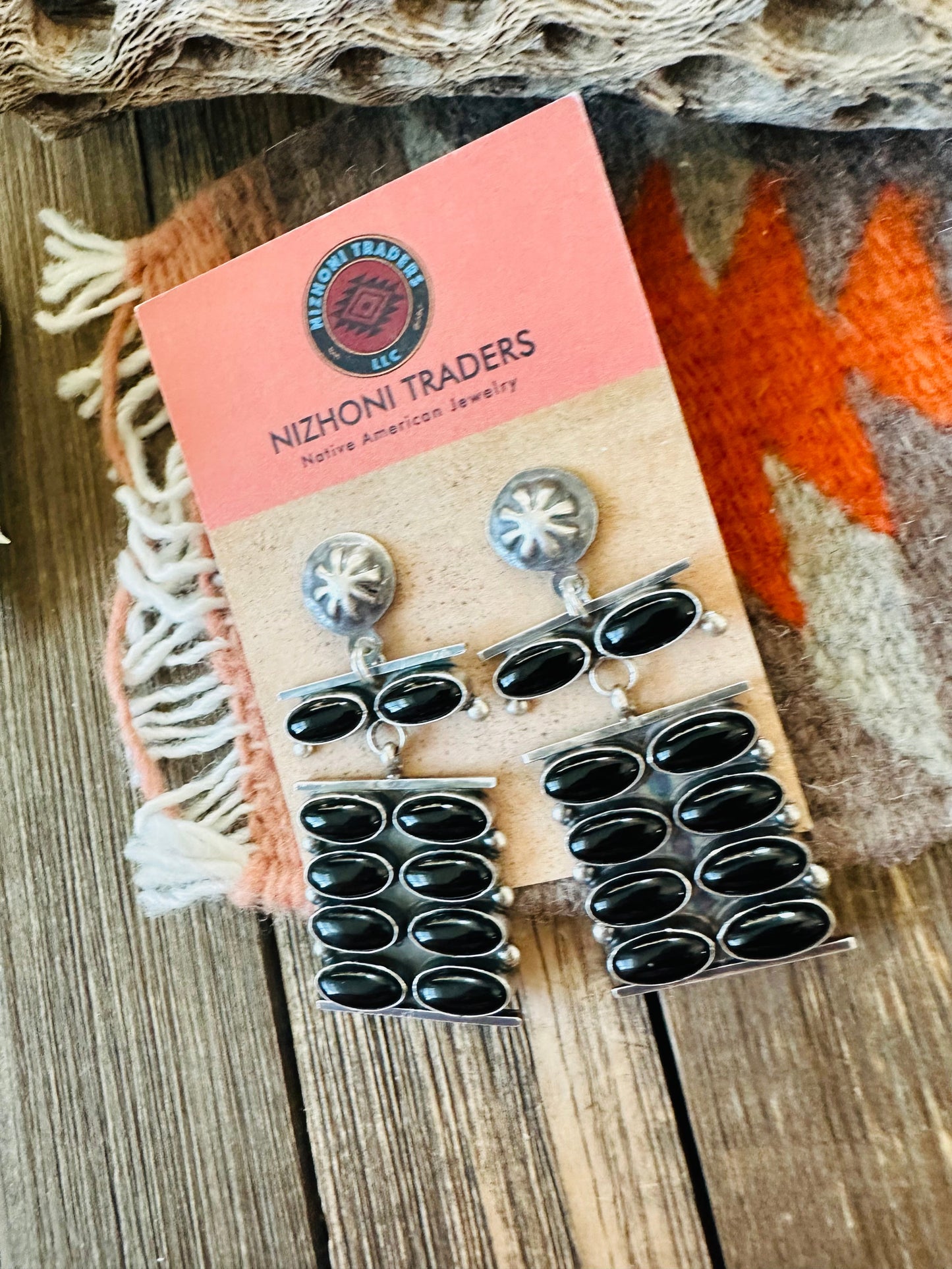 Navajo Onyx & Sterling Silver Dangle Earrings