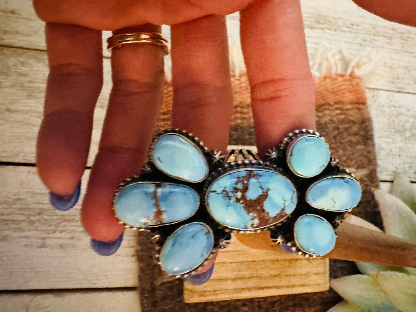Navajo Golden Hills Turquoise & Sterling Silver Cluster Ring Size 8.5