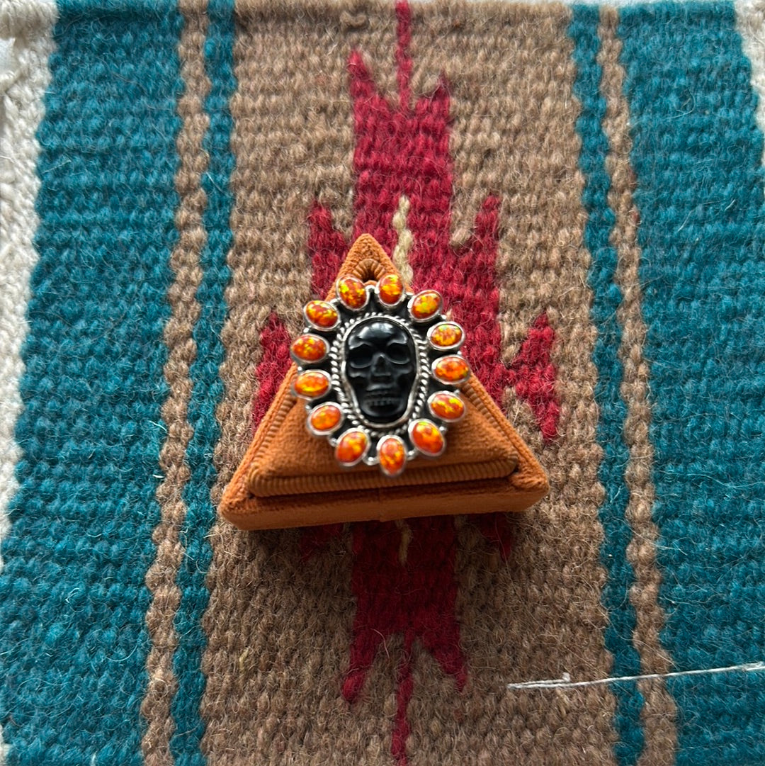 HALLOWEEN COLLECTION Nizhoni Black Onyx, Orange Fire Opal & Sterling Silver Adjustable Skull Ring